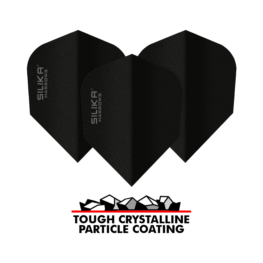 Harrows Silice Solido Rivestimento cristallino resistente Volo nero No6 Das Bild zeigt drei schwarze Dart-Flights der Marke Harrows Silika mit der Aufschrift "SILIKA HARROWS". Unter den Flights befindet sich ein Logo mit der Aufschrift "TOUGH CRYSTALLINE PARTICLE COATING".