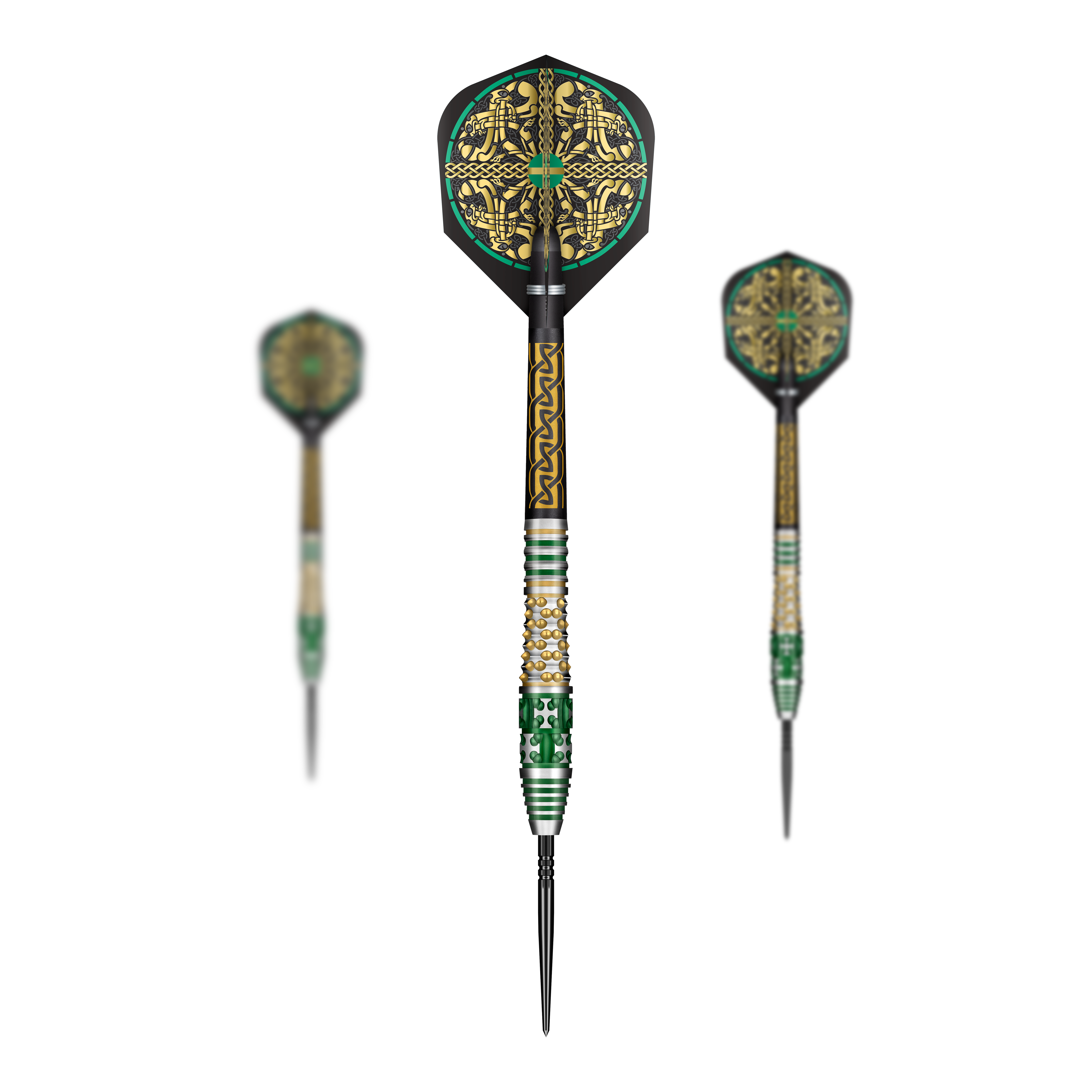 Shot Celt Cernunnos Turbo Point Steeldarts Das Bild zeigt ein Set Shot Celt Cernunnos TurboPoints Steeldarts. Die Darts sind mit Details verziert.
