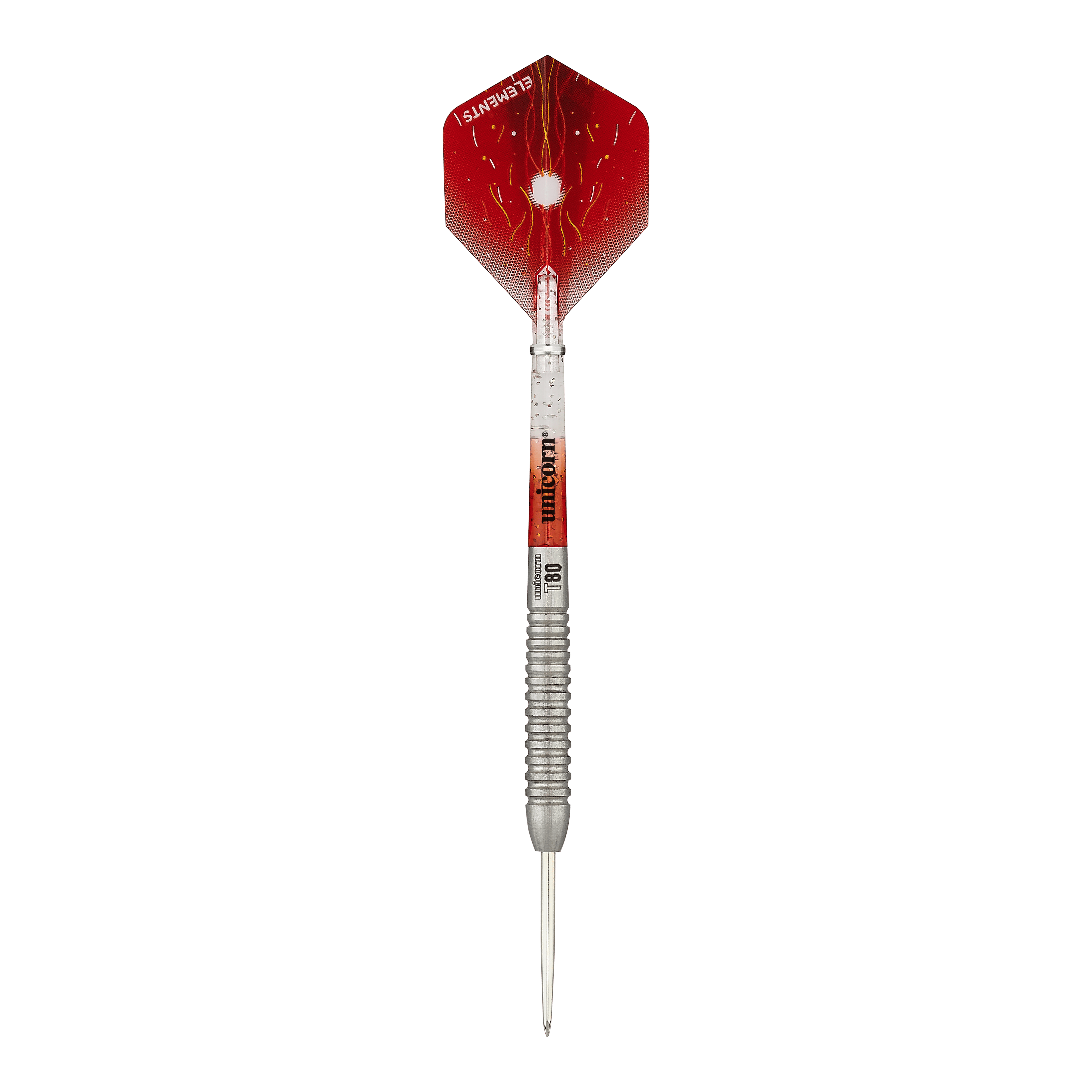 Unicorn Core XL Striker Style 5 freccette in acciaio Das Bild zeigt einen Unicorn Core XL Striker Style 5 Steeldart. Der Dart hat einen silbernen Schaft und eine rot designte Flights.