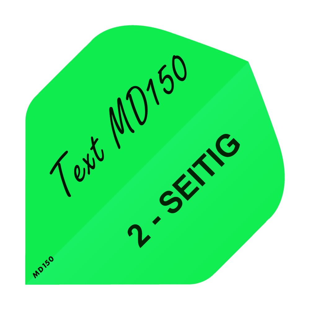 MD-203_2-Seitig_Bedruckte_Flights_Wunschtext_MD150_Neongr-n_Standard_1 Das Bild zeigt ein neon-grünes Quadrat mit dem Text „Text MD150“ und „2-SEITIG“ darauf. In der unteren linken Ecke steht klein „MD150“.