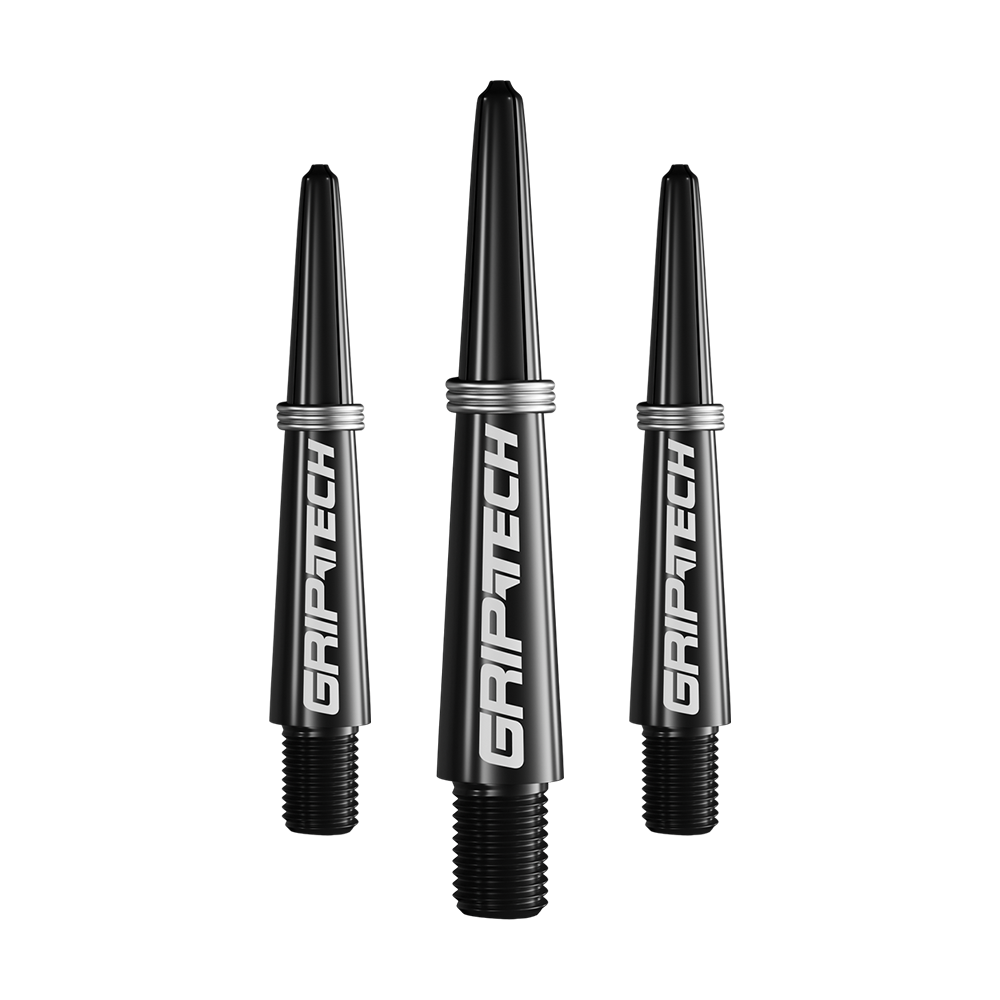 Alberi GOAT Griptech - Neri Das Bild zeigt drei schwarze Dartschäfte mit der Aufschrift „GRIPTECH“. Sie sind in einer Reihe angeordnet und haben silberne Ringe am oberen Ende.
