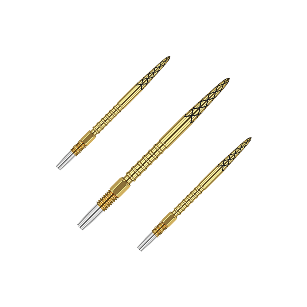 Puntali per freccette Target Swiss DS Surge Point - Oro Das Bild zeigt drei goldene Dartspitzen mit silbernen Enden. Die Spitzen haben ein Rautenmuster und sind 30 mm lang.