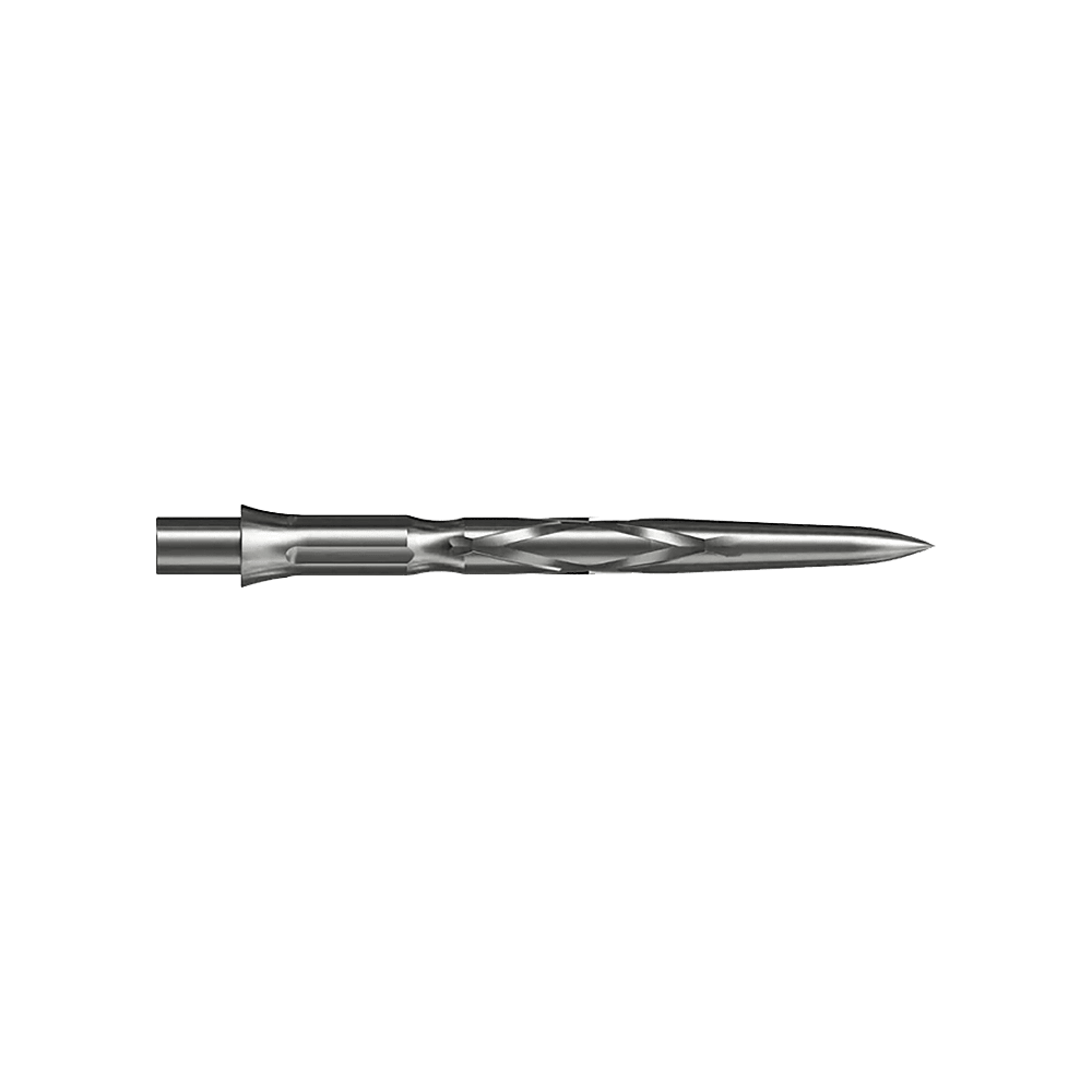 Punte per freccette in acciaio Caliburn System - HAN G2 - Argento Auf dem Bild ist eine silberne Steeldartspitze mit einem spiralförmigen Muster zu sehen. Sie ist schmal und hat eine spitz zulaufende Form.