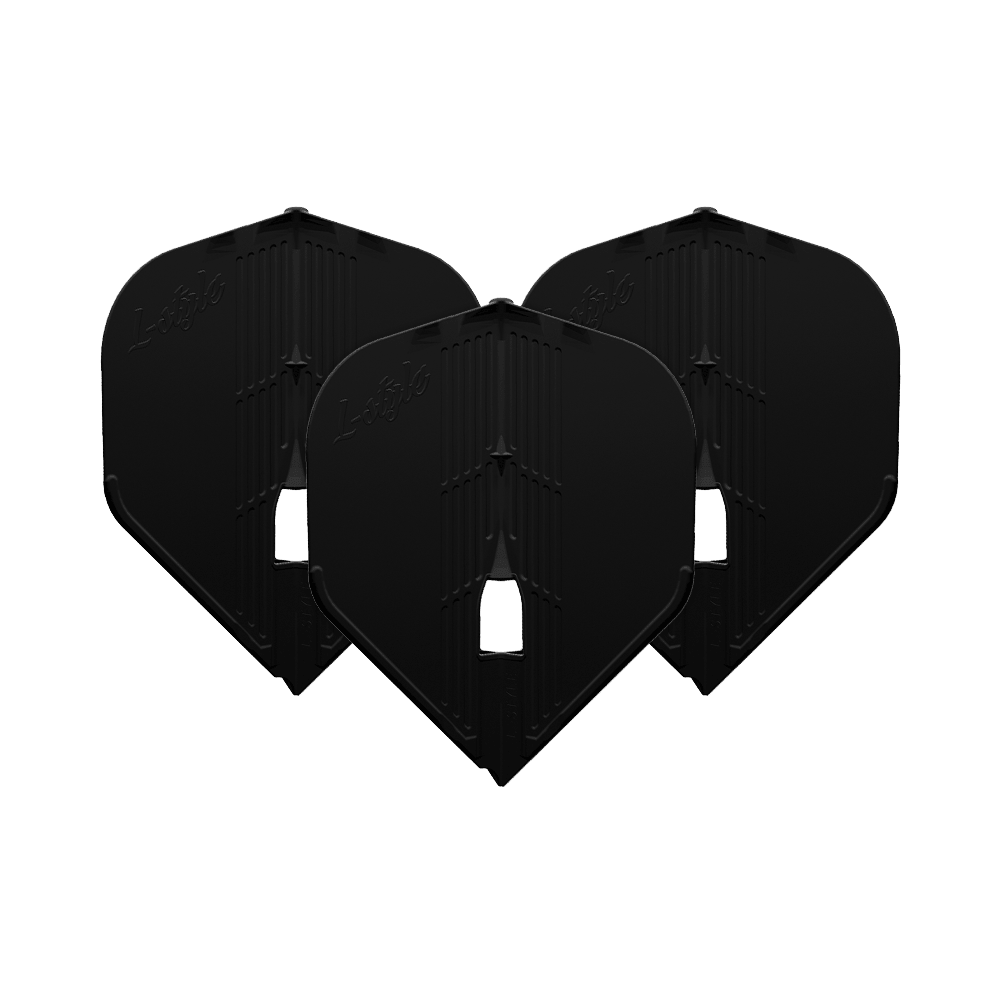 L-Style KAMI L1PRO Flights Auf dem Bild sind drei schwarze Dart-Flights zu sehen. Sie haben eine stabile, strukturierte Oberfläche und die Form ist standardisiert.