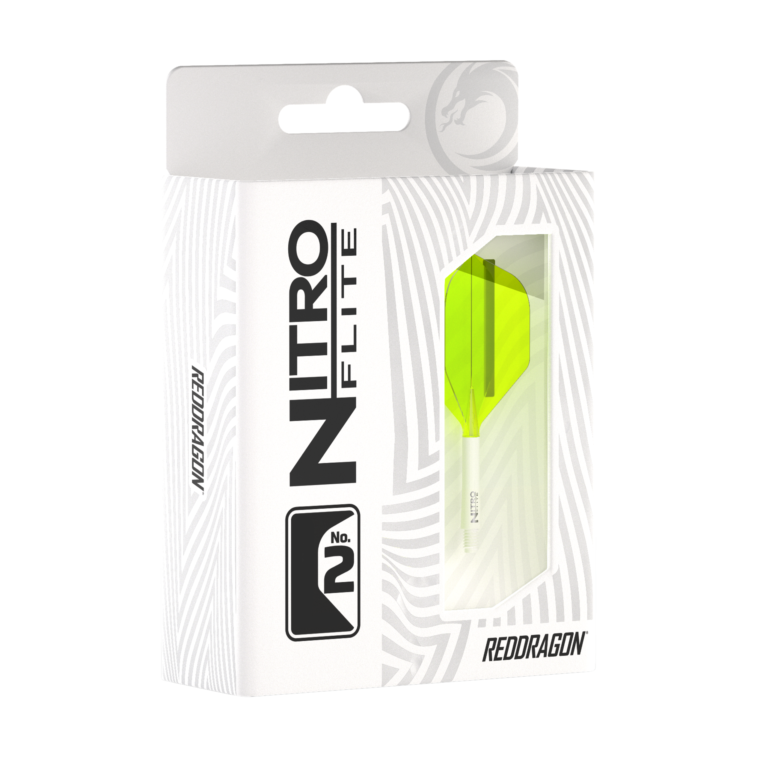 Nitroflite Red Dragon - Asta Bianca Gialla N. 2 Voli Die Abbildung zeigt eine Verpackung des Produkts "Red Dragon Nitroflite - White Shaft Yellow No2 Flights". In der Schachtel ist ein gelber Dart-Flügel mit weißem Schaft sichtbar.