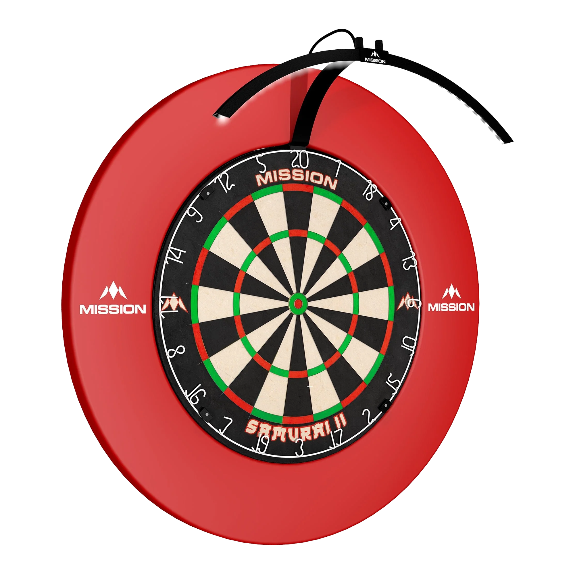 Illuminazione per bersaglio per freccette a LED pieghevole Mission Torus 100 Das Bild zeigt das "Mission Torus 100 Faltbare LED Dartboard Beleuchtung" an einem Dartboard befestigt. Die LED-Beleuchtung sorgt für eine optimale Ausleuchtung der Dartscheibe.
