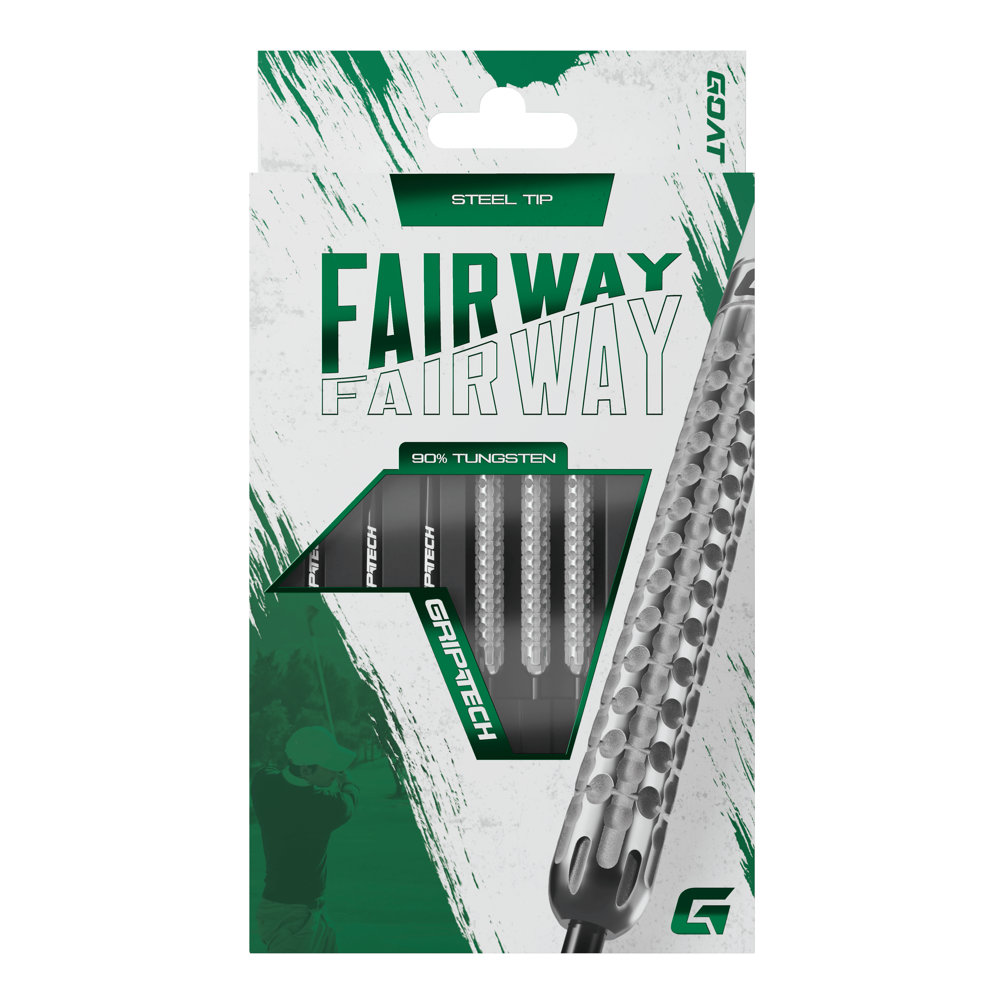 Freccette in acciaio al tungsteno GOAT Fairway V1 Die Abbildung zeigt eine Verpackung der GOAT Fairway V1 Tungsten Steeldarts. Die Darts haben eine Stahlspitze und bestehen zu 90% aus Tungsten.