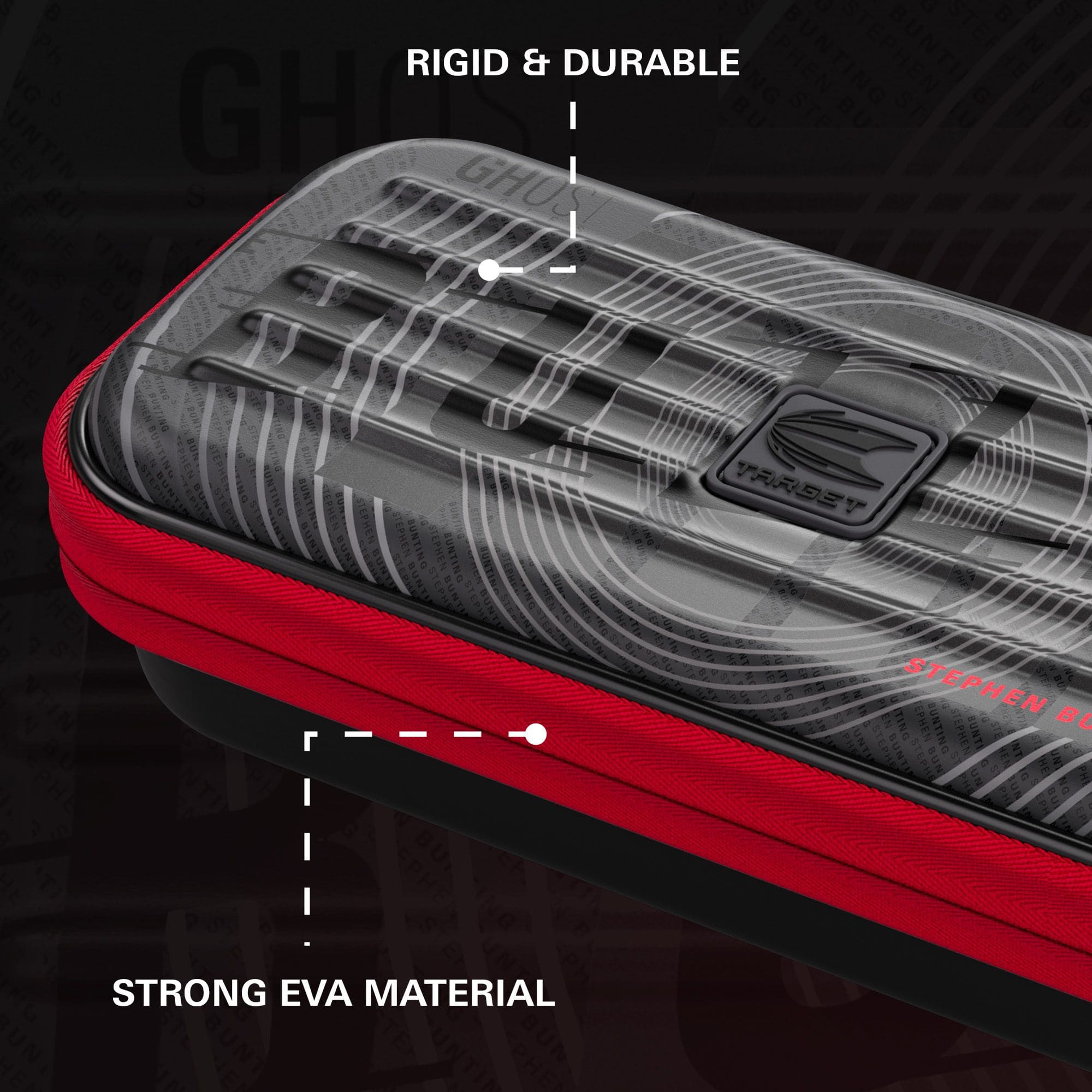 Custodia per freccette Stephen Bunting della serie Ghost di Takoma Auf dem Bild ist das Takoma Ghost Series Stephen Bunting Dartcase zu sehen. Es ist eine Schutztasche für Darts mit dem Design von Stephen Bunting.