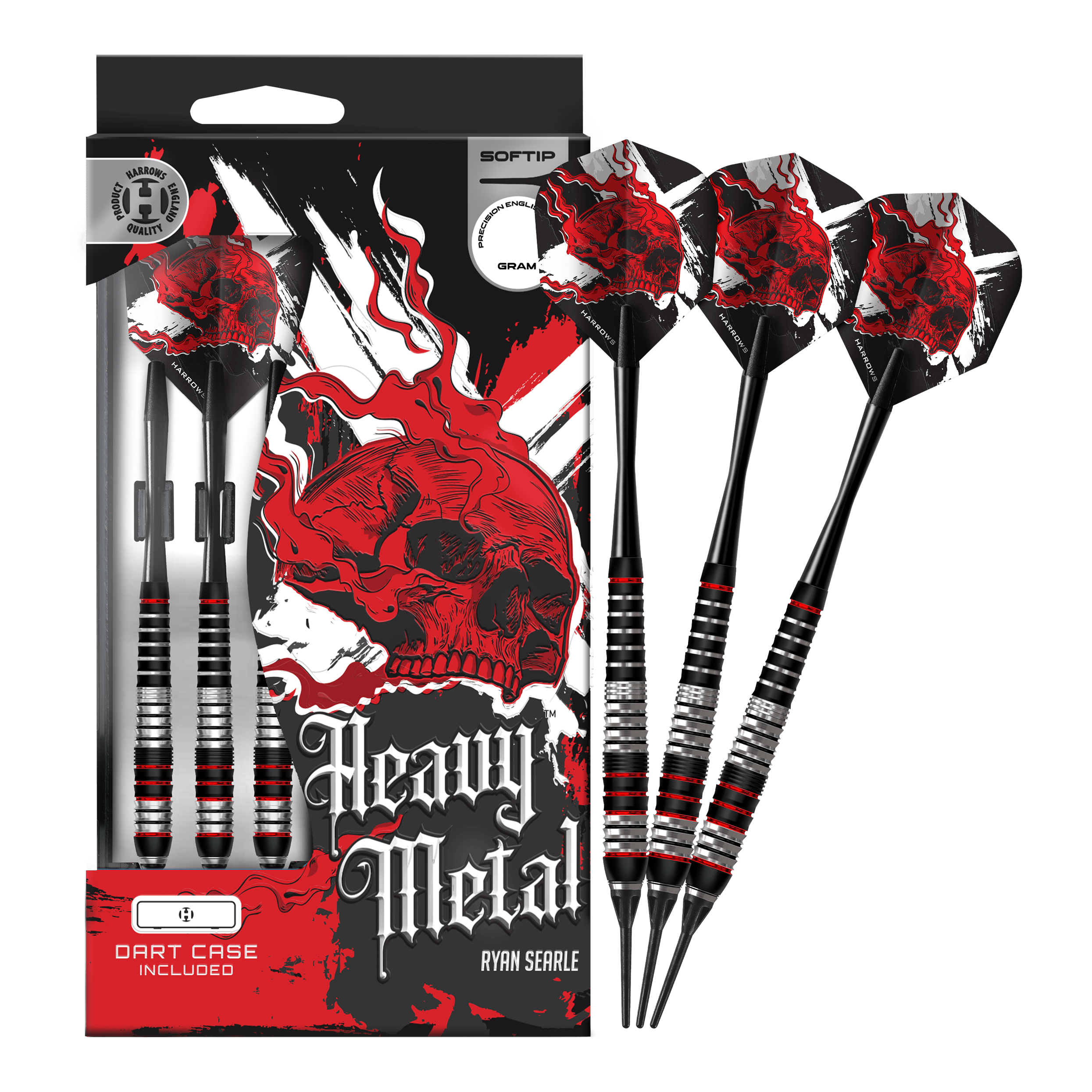 Freccette morbide in ottone Ryan Searle Heavy Metal Harrows Das Foto zeigt die Harrows Heavy Metal Ryan Searle Brass Softdarts in voller Länge. Die Darts sind komplett abgebildet und liegen nebeneinander.