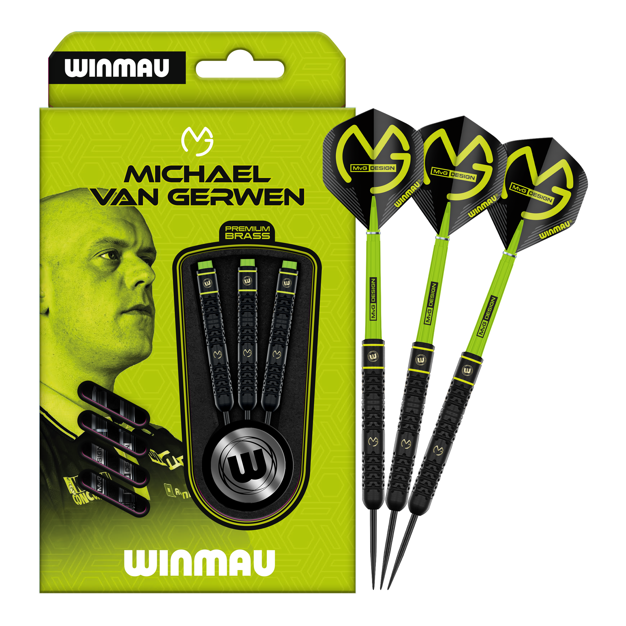 Winmau Michael Van Gerwen Dardi Steel in ottone - 21g Zu sehen ist das Set Winmau Michael Van Gerwen Steeldarts mit 21 g. Diese Darts sind optimal zum Steeldart-Spielen geeignet.