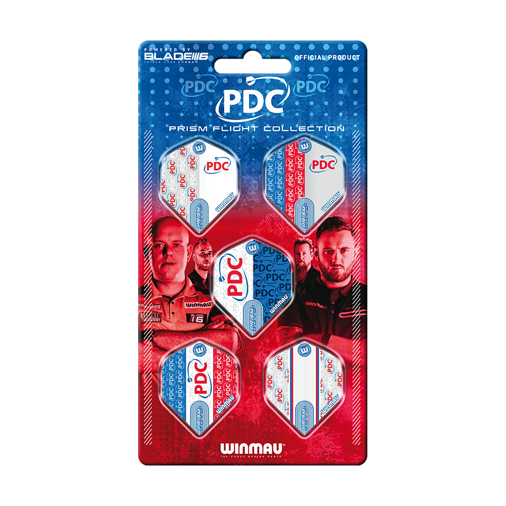 Collezione di voli Winmau PDC Prism Das Bild zeigt die "Winmau PDC Prism Flight Collection", eine offizielle Sammlung von Dart-Flights. Die Verpackung ist blau-rot gestaltet und zeigt fünf verschiedene Flights sowie Bilder von Dartspielern.