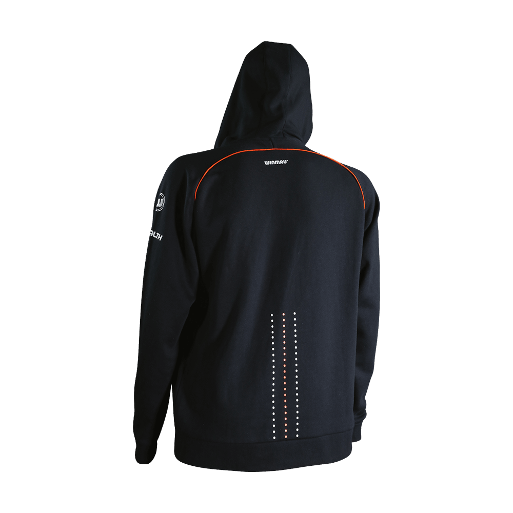 8418_Winmau_Pro-Line_Blade6_Hoodie_Kaputzenjacke_2 Die Abbildung zeigt die Rückseite einer schwarzen Winmau Pro-Line Blade 6 Kapuzenjacke. Auf dem Rücken sind orangene und weiße Akzente sowie das Winmau-Logo zu sehen.