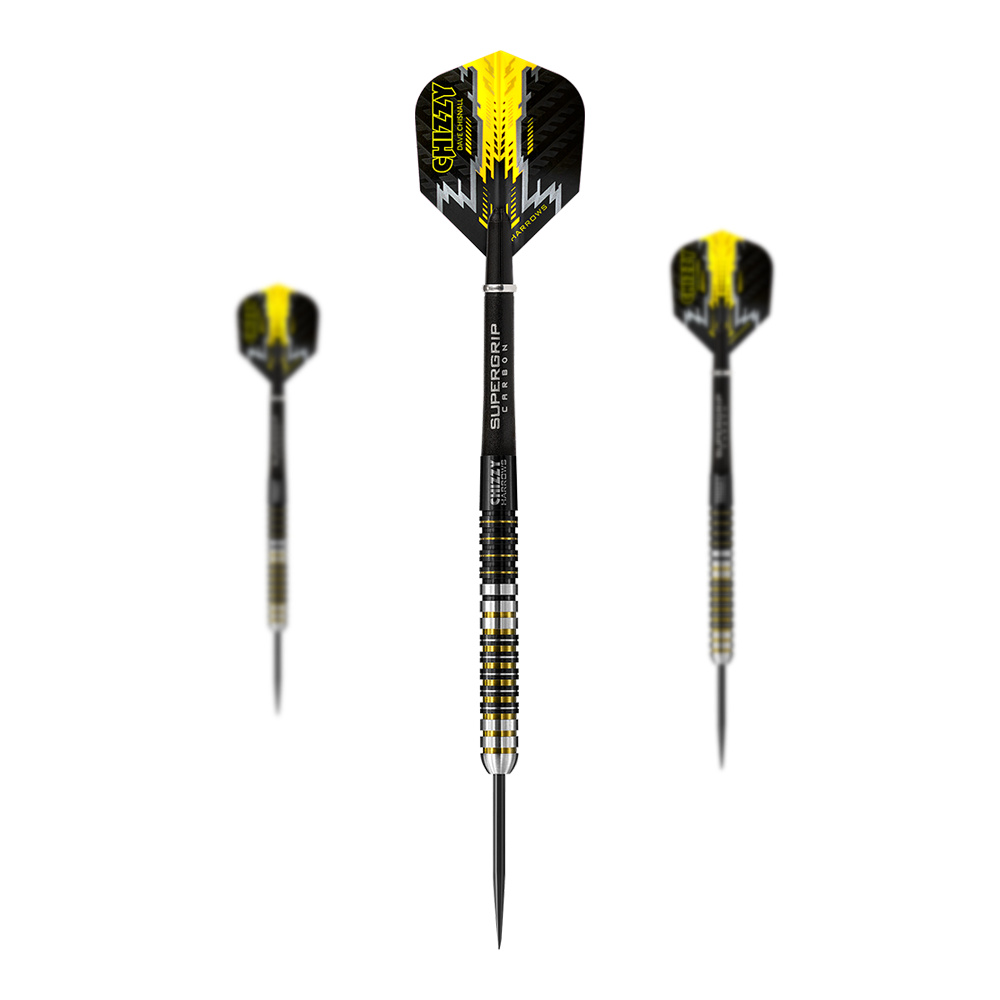 Freccette in acciaio Chizzy di Dave Chisnall di Harrow Das Bild zeigt drei Steeldarts des Modells "Harrows Dave Chisnall Chizzy". Die Darts sind schwarz-gelb gestaltet und haben die Aufschrift "CHIZZY" auf den Flights.