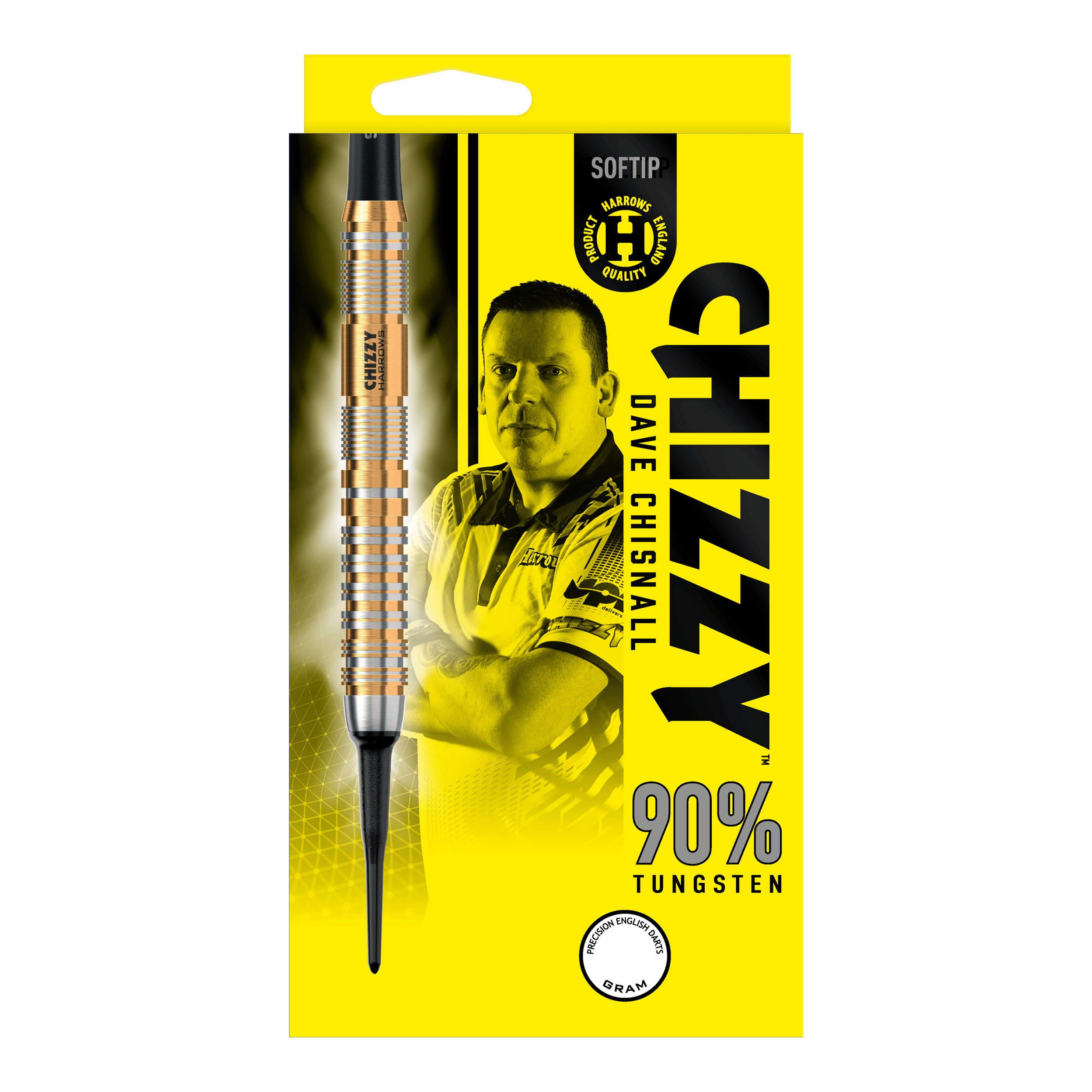 Freccette morbide Dave Chisnall Chizzy Series 2 di Harrow Die Verpackung zeigt die "Harrows Dave Chisnall Chizzy Series 2 Softdarts" mit einem Bild von Dave Chisnall. Auf der gelben Schachtel steht, dass die Darts aus 90% Tungsten bestehen.