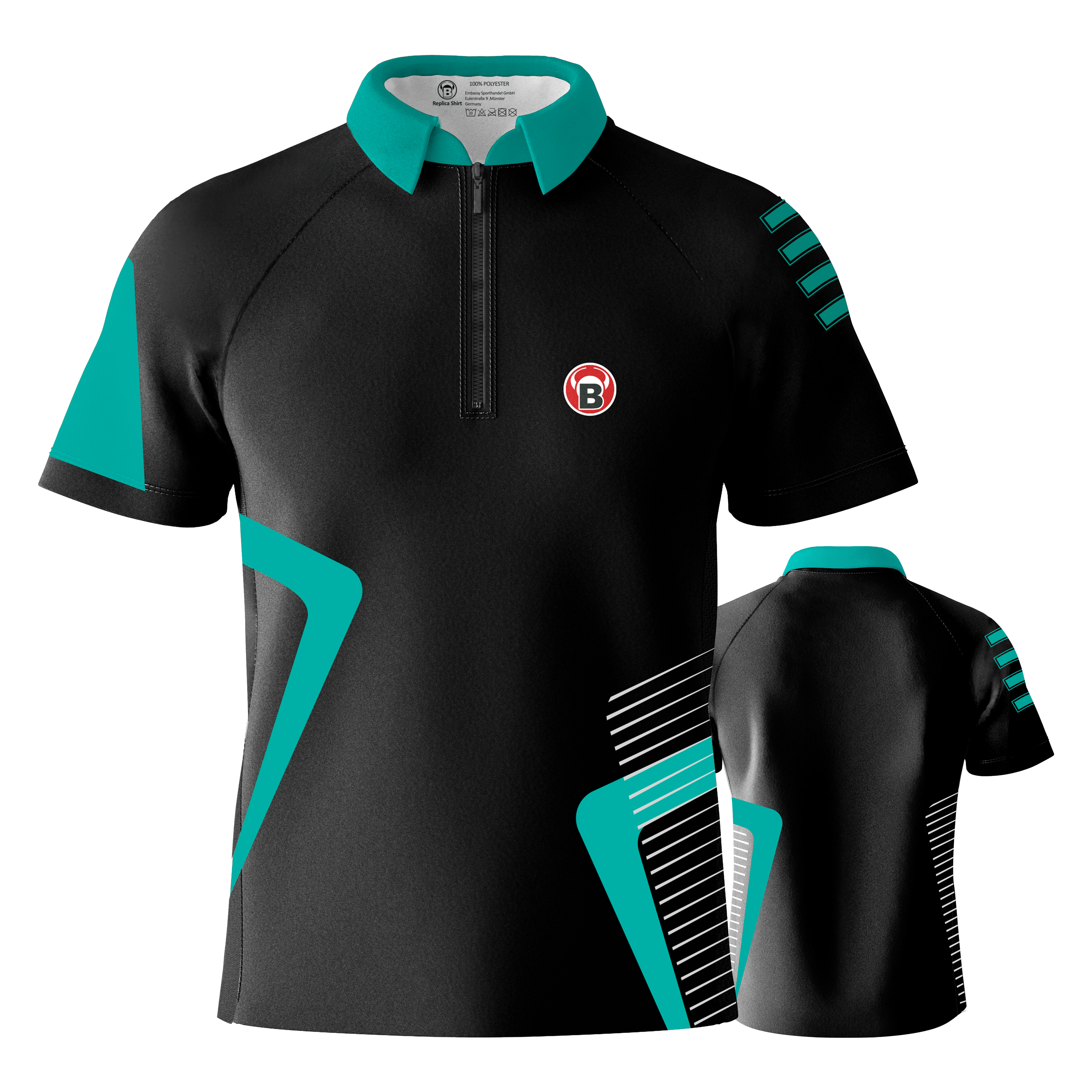 Maglietta Bulls Team Dart - Menta Das Bild zeigt das Bulls Team Dartshirt in der Farbe Mint. Das Shirt ist überwiegend schwarz mit mintfarbenen Akzenten und einem kleinen Logo auf der Brust.
