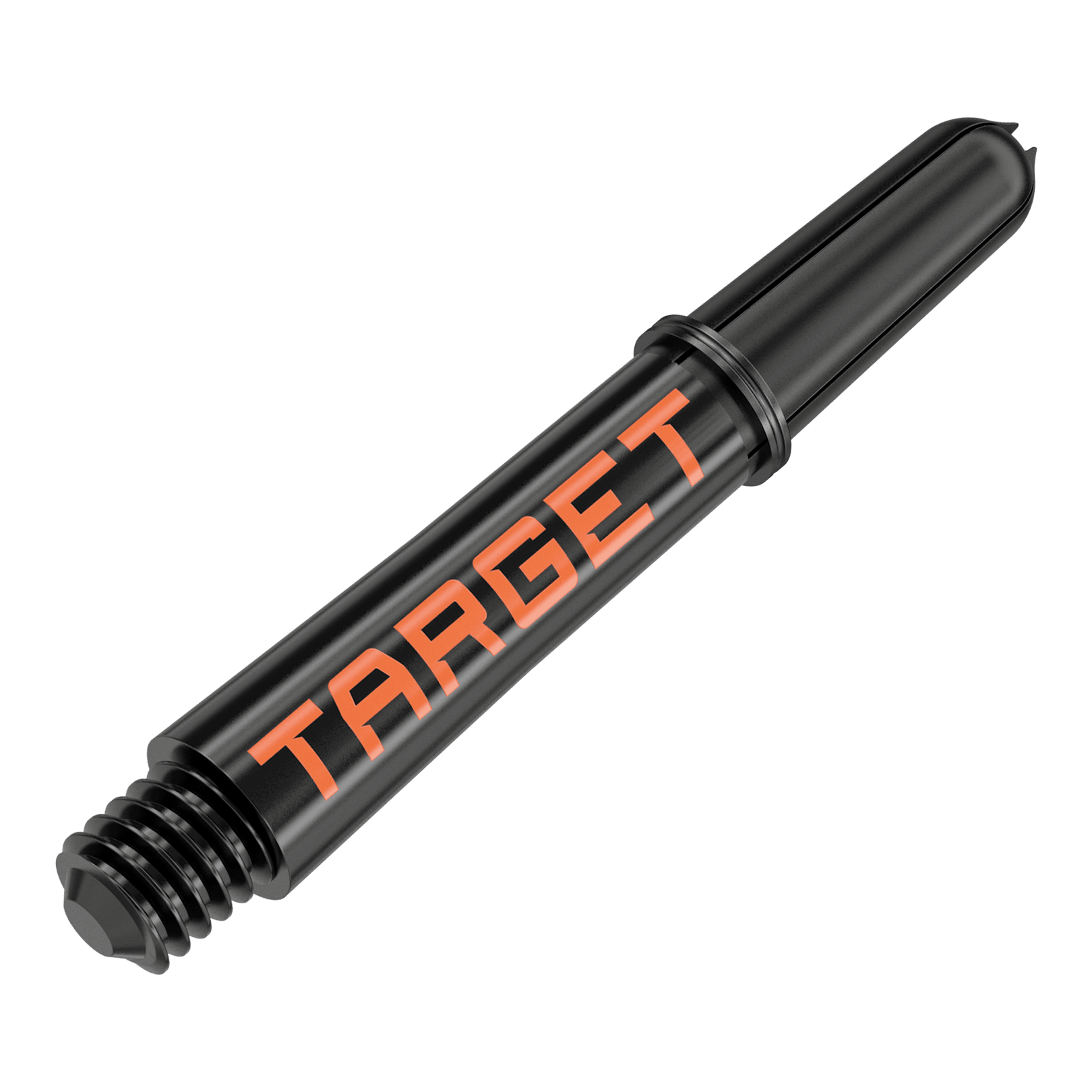 Aste Target Pro Grip TAG - 3 set - Nero Arancione Das Bild zeigt einen schwarzen Dart-Schaft mit orangener Aufschrift "TARGET". Er hat ein Schraubgewinde an einem Ende und ist 34 mm lang.