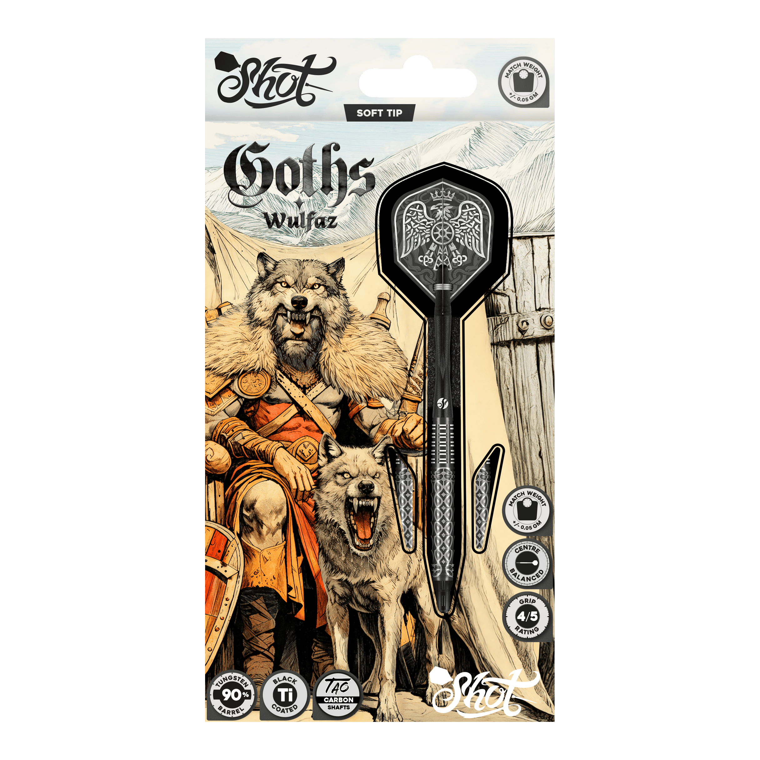 Freccette morbide Shot Goths Wulfaz - 20 g Auf dem Bild sind die Shot Goths Wulfaz Softdarts mit 20g Gewicht zu sehen. Das moderne Design sorgt für ein optimales Dartspiel.