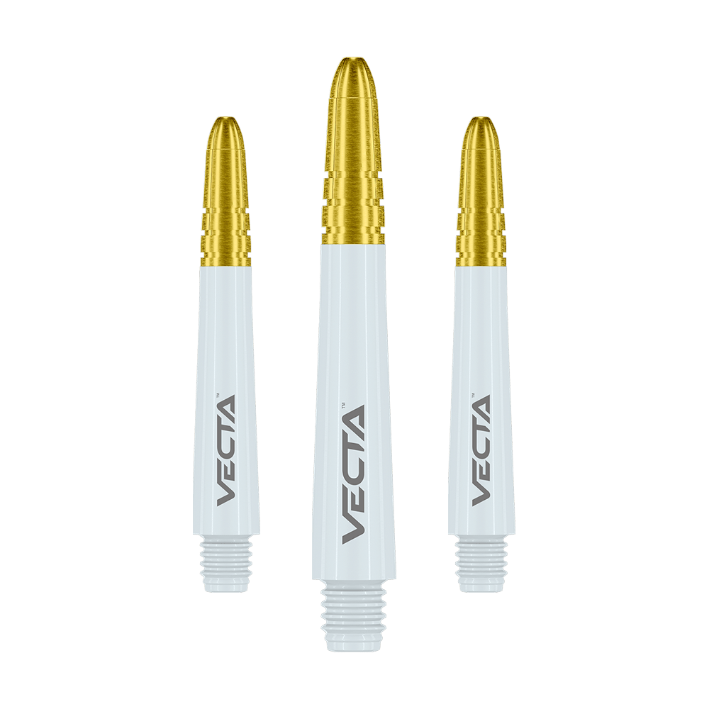 Winmau Vecta Shafts - Weiß Gold Das Bild zeigt drei Dartschafts mit weißen Körpern und goldfarbenen Spitzen. Auf jedem Schaft steht das Wort "VECTA".
