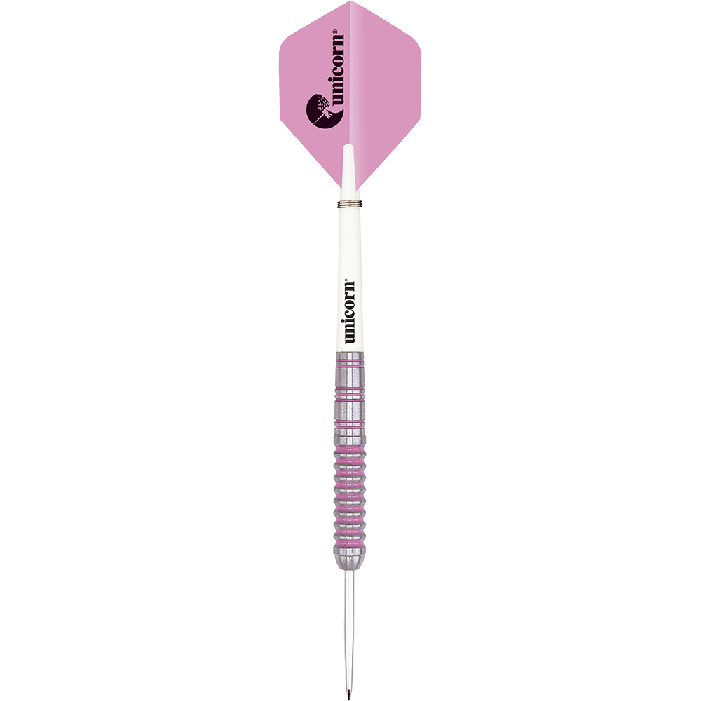 06020_Unicorn_Autograph_Steeldarts_1S3p4gR1frsl1F Das Bild zeigt einen Unicorn Autograph Steeldart mit einer rosa Flights und silber-lila Griff. Der Schaft ist weiß und auf ihm steht das Wort „unicorn“.