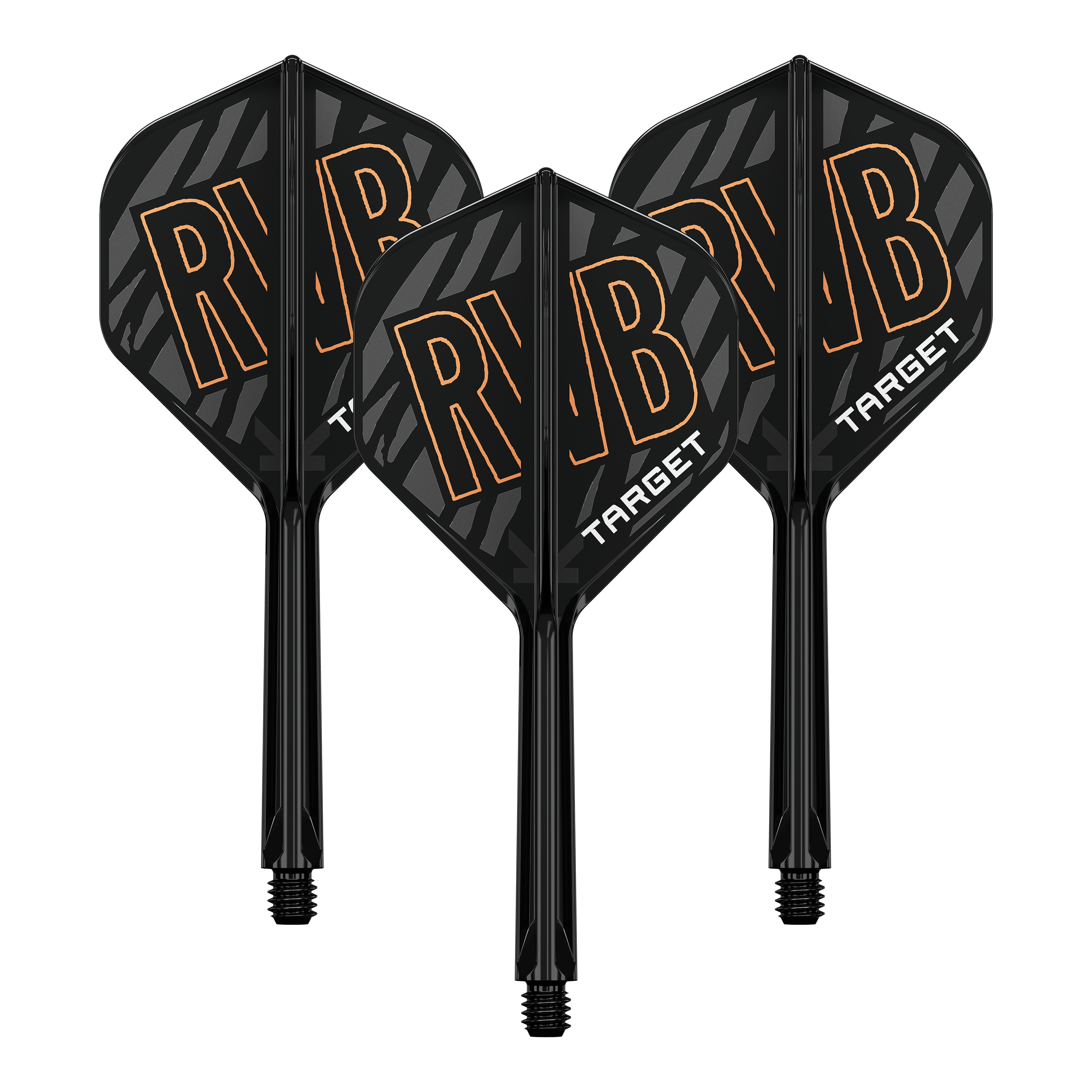 Das Bild zeigt drei schwarze Dartflights mit integrierter Schaftsystem. Auf den Flights steht in großen Buchstaben "RVB" und darunter "TARGET".