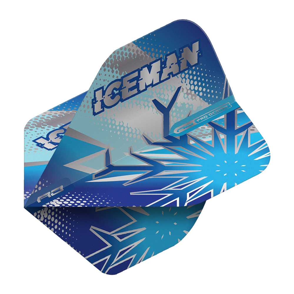 Voli standard Red Dragon Gerwyn Price Blue Flake No2 Das Bild zeigt die Dartflights „Red Dragon Gerwyn Price Blue Flake No2 Standard Flights“ in Blau mit Eiskristall-Design. Auf den Flights steht groß das Wort „ICEMAN“.