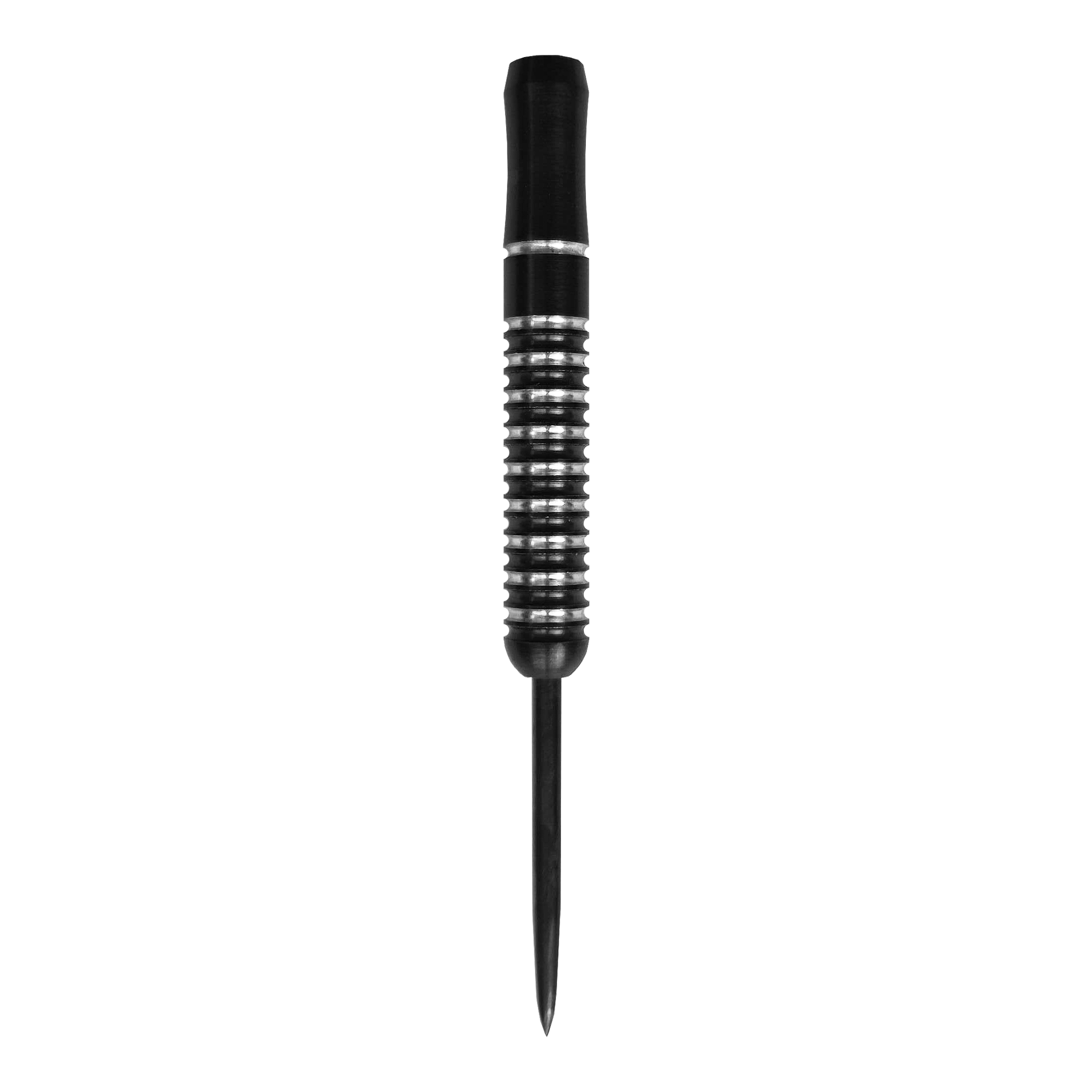 Barili McDart Void Steeldart - 23 g Das Bild zeigt einen McDart Void Steeldart Barrel mit einem Gewicht von 23g. Der Dart hat ein schwarz-silbernes Rillenmuster und eine spitze Metallspitze.