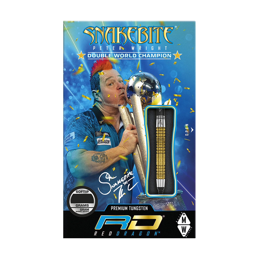 Red Dragon Peter Wright Doppio Campione del Mondo SE Gold Plus Softdarts - 20g Das Bild zeigt die Verpackung der "Red Dragon Peter Wright Double World Champion SE Gold Plus Softdarts - 20g". Auf der Verpackung ist ein Bild von Peter Wright mit Pokal und einem goldfarbenen Dart abgebildet.