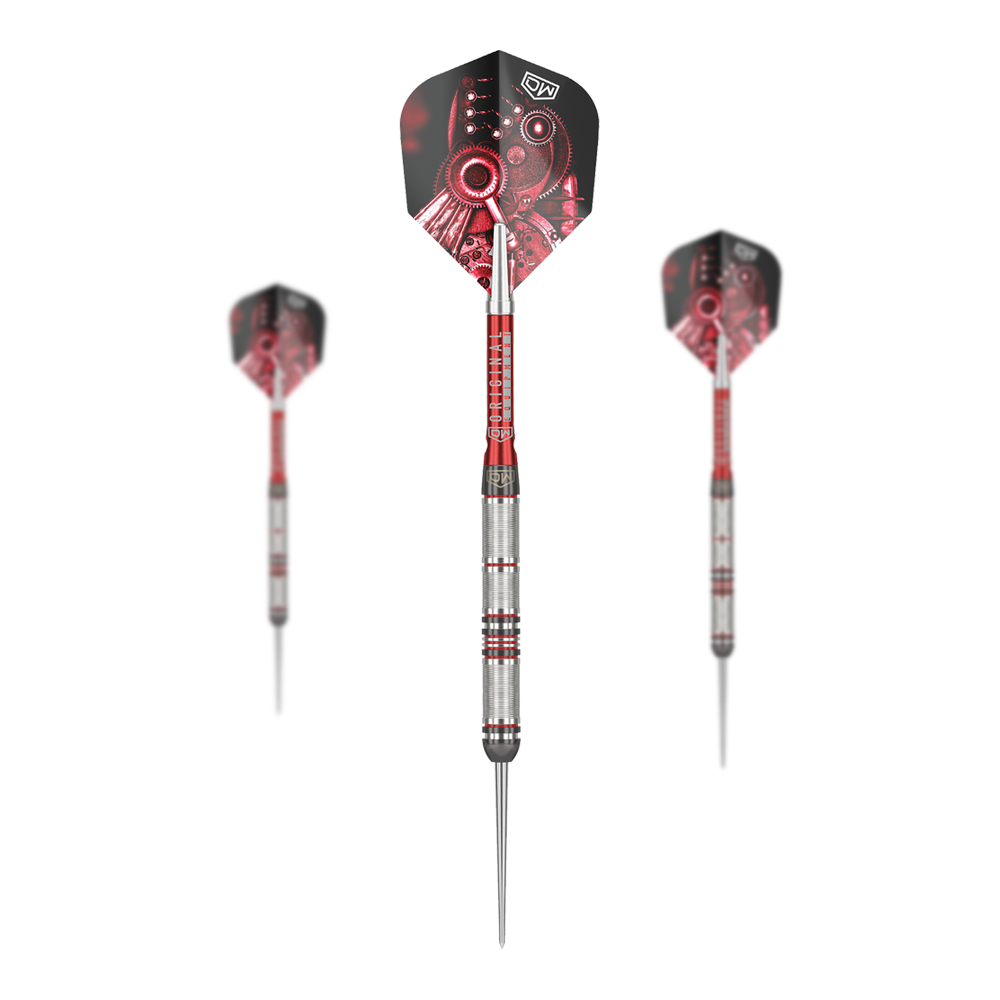 Freccette in acciaio DW Piranha Razor 01 Das Bild zeigt drei Steeldarts des Produkts "DW Piranha Razor 01". Die Darts haben silberne Griffe mit roten Akzenten und Flights mit einem roten Zahnrad-Motiv.