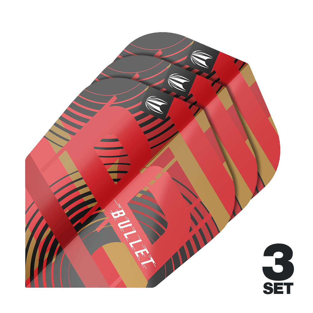 Alette Target Pro Ultra Stephen Bunting GEN5 No6 - 3 set Das Bild zeigt drei Sätze der Target Pro Ultra Stephen Bunting GEN5 No6 Flights. Die Flights sind rot, schwarz und gold gefärbt und tragen das Wort "BULLET".