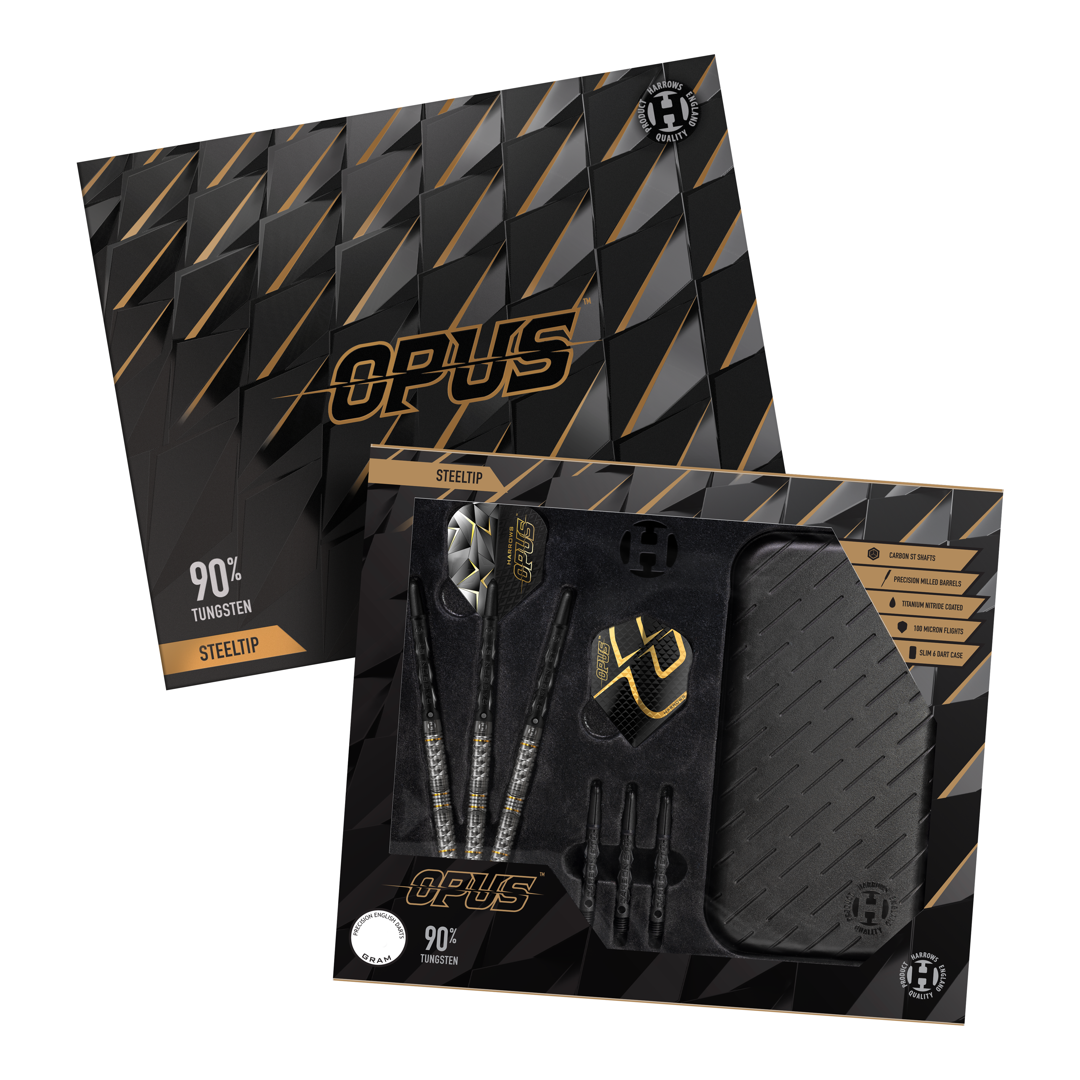 Freccette d'acciaio Harrows Opus Das Bild zeigt das Produkt "Harrows Opus Steeldarts" in einer eleganten, schwarz-goldenen Verpackung. Im Inneren sind die Steeldarts, Flights, Shafts und ein Dartcase sichtbar angeordnet.