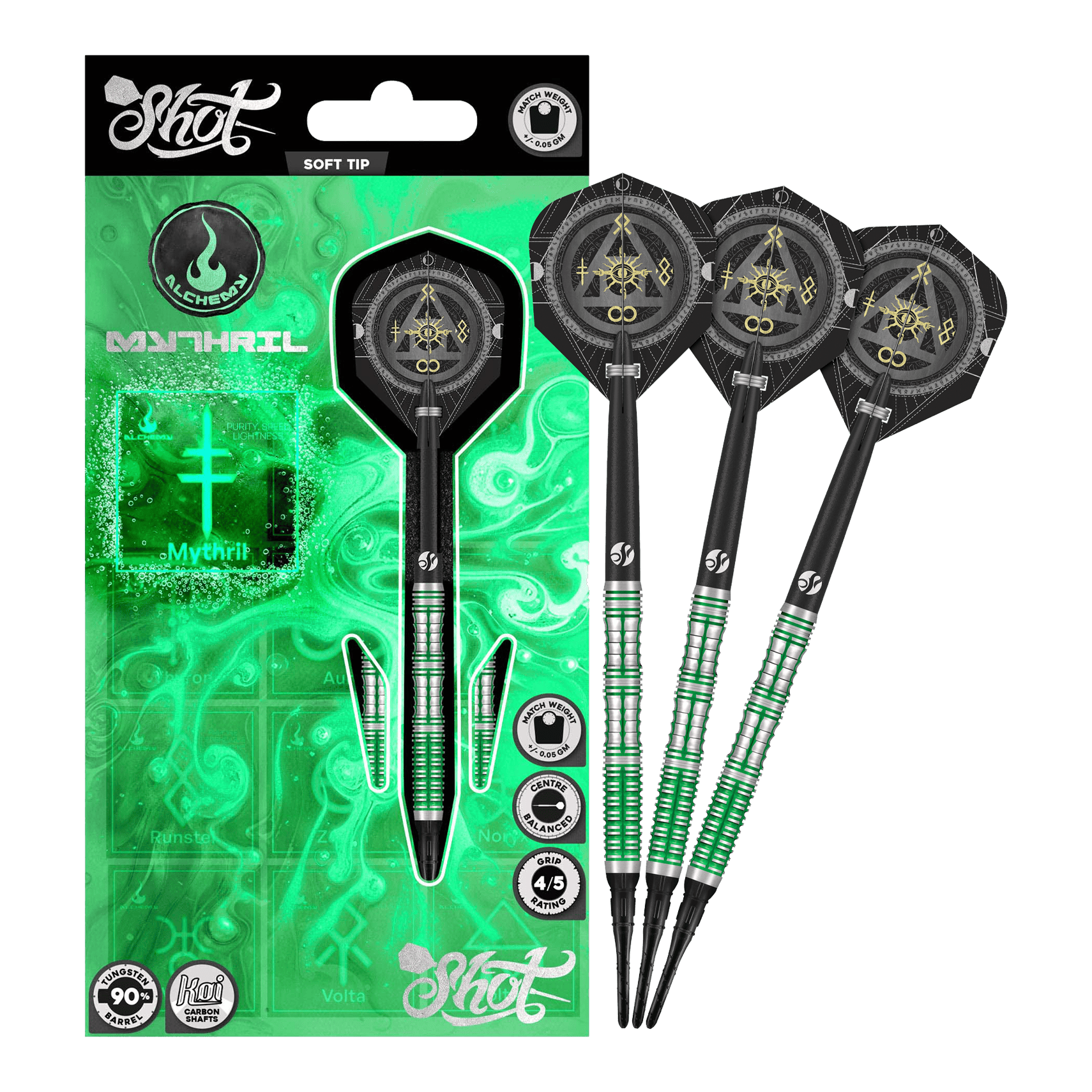 Freccette morbide Shot Alchemy Mythril - 20 g Abgebildet sind die Shot Alchemy Mythril Softdarts - 20g in voller Ansicht. Das Produkt wird komplett dargestellt.