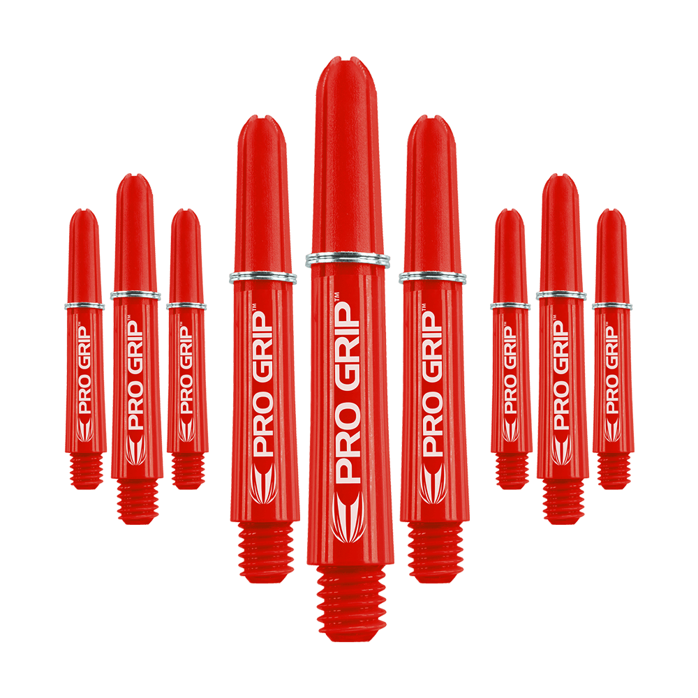 Target Pro Grip Shafts - 3 set - Rosso Das Bild zeigt neun rote Dart-Schäfte mit der Aufschrift "PRO GRIP". Sie sind in drei Gruppen angeordnet und haben ein auffälliges, glänzendes Design.