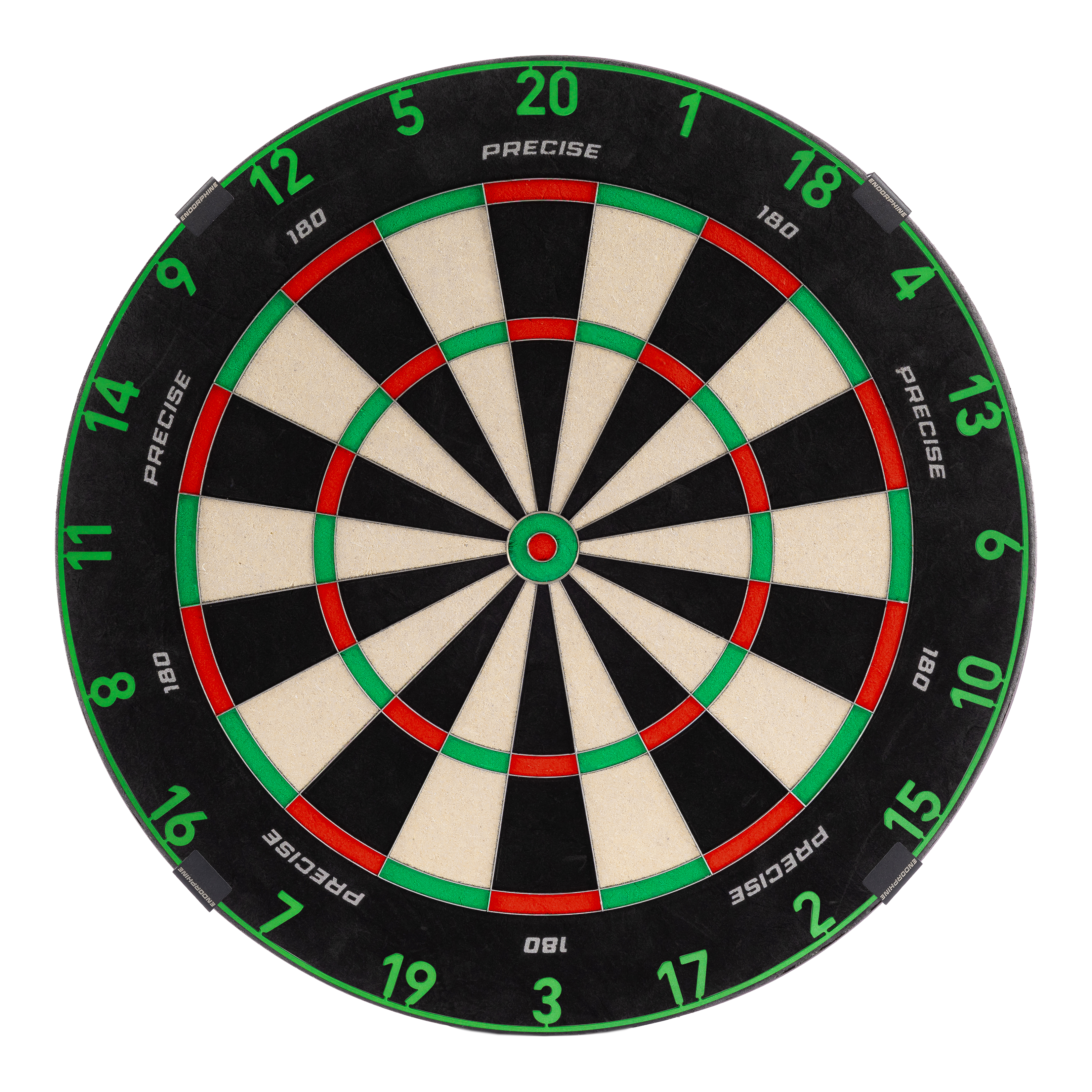 Bersaglio per freccette in acciaio Precise 180 Endorphine con anello numerato - Verde smeraldo Zu sehen ist ein Precise 180 Endorphine Steeldartboard mit Nummernring. Es bietet ein klassisches Dartboard-Design.