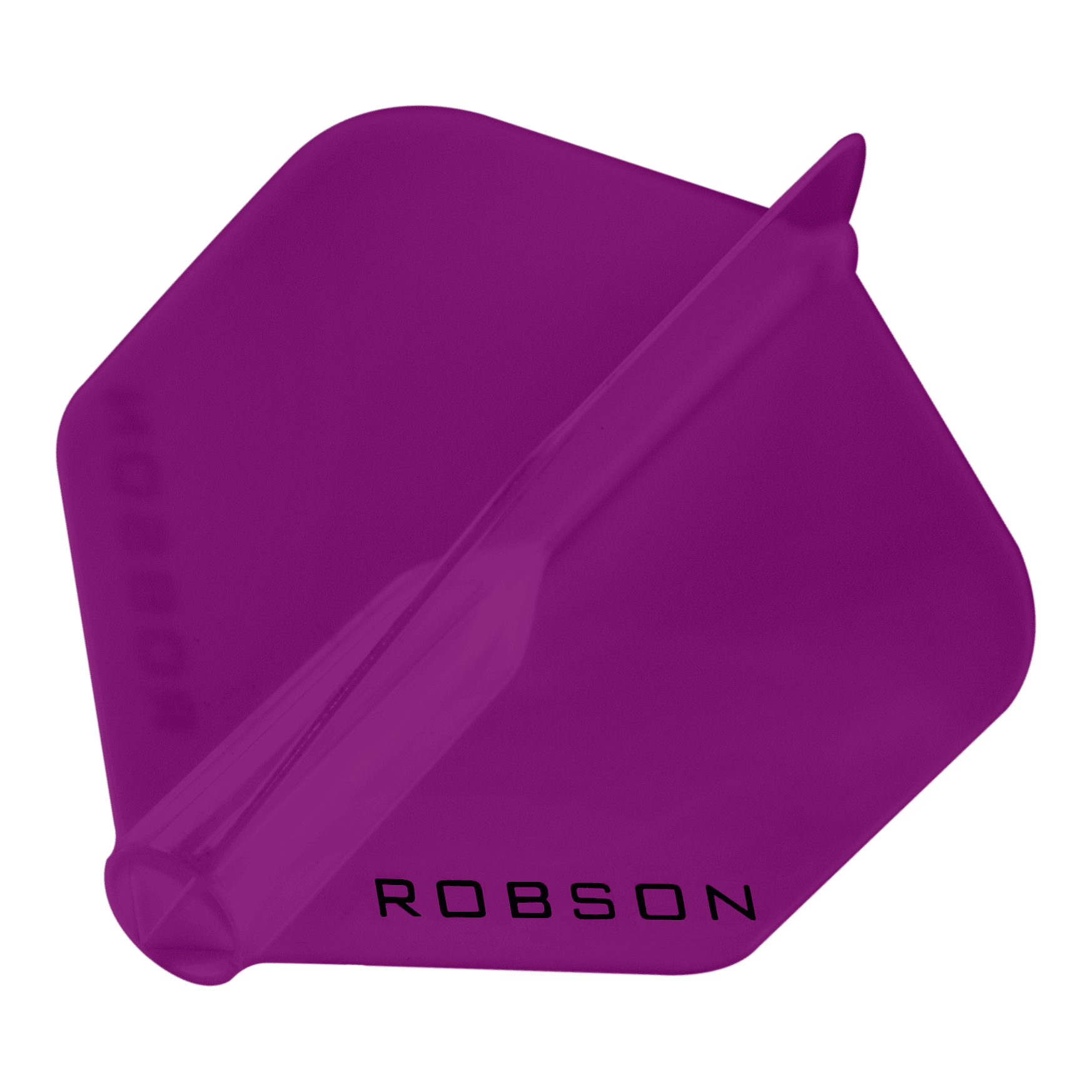 Voli Robson Plus - Standard Das Bild zeigt ein violettes Dartflight mit sechseckiger Form. Auf dem Flight steht das Wort "ROBSON" in schwarzen Buchstaben.