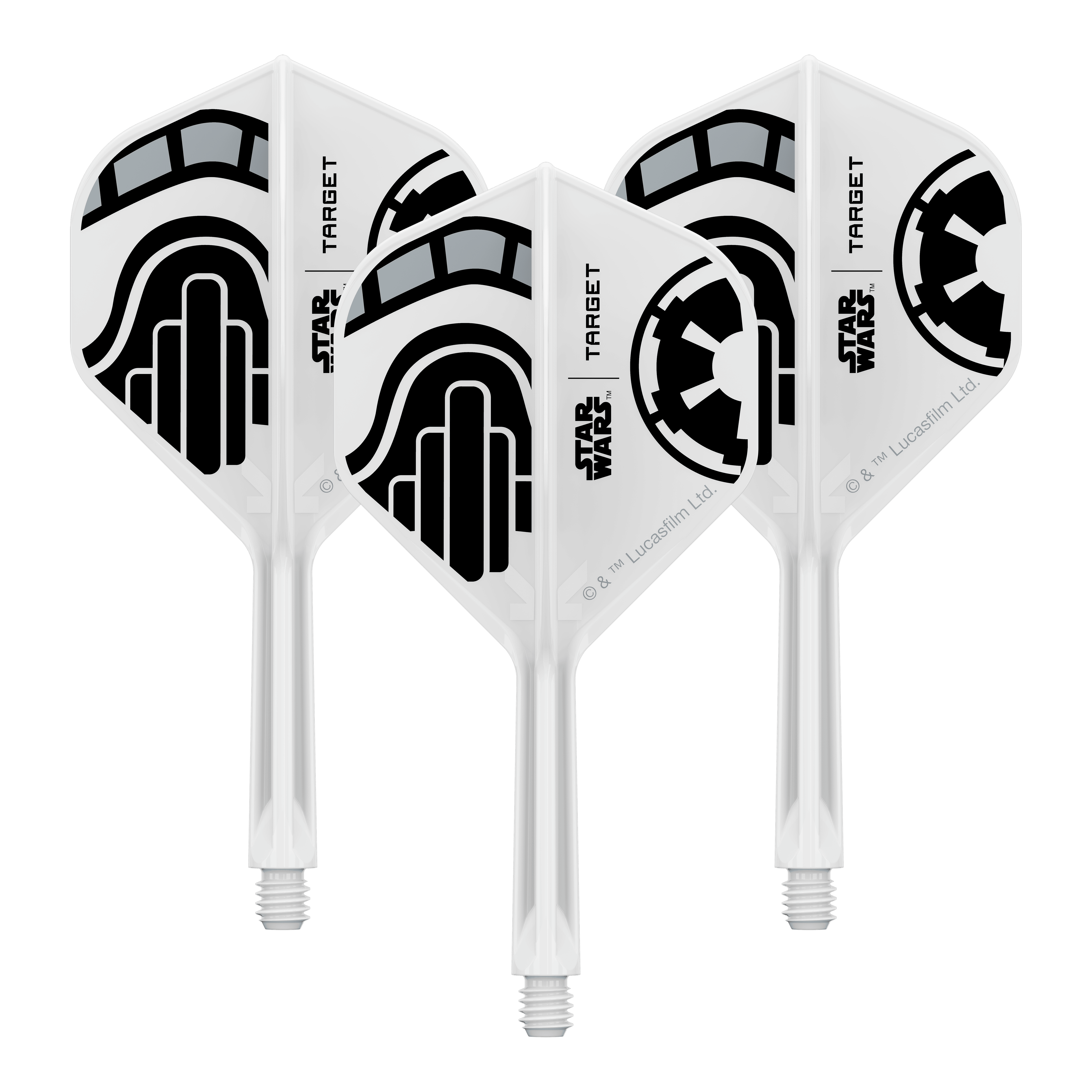 Abgebildet ist ein Set von Dart-Flights der Star Wars KFlex Stormtrooper No2 Standard Serie. Die Flights sind für den Intermediate-Bereich und haben eine Länge von 26 mm.