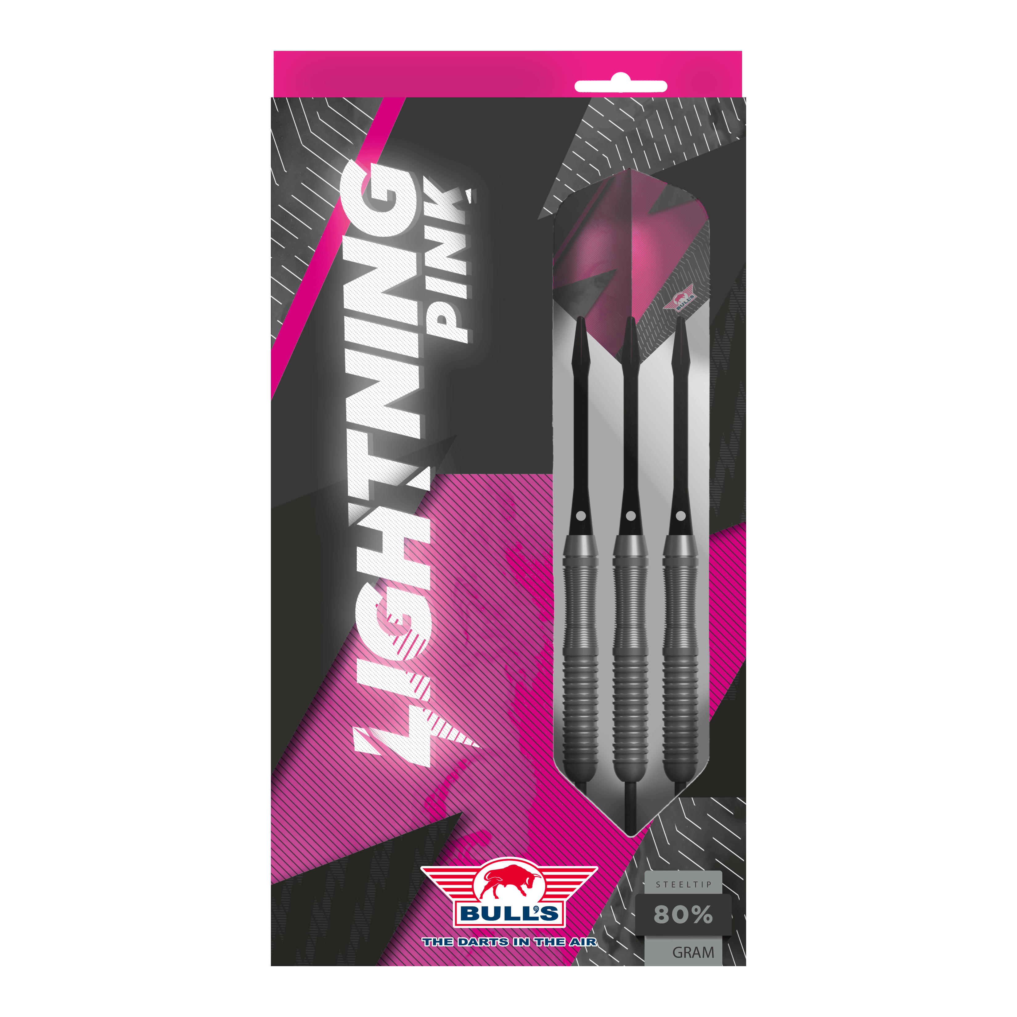 Freccette in acciaio Bulls NL Lightning Pink Das Bild zeigt eine Verpackung der "Bulls NL Lightning Pink Steeldarts". Die Darts sind in Schwarz und Pink gestaltet und haben einen Stahlspitze.