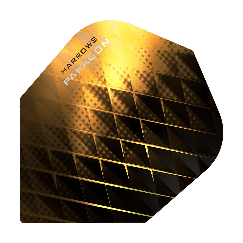 HR7605_Harrows_Paragon_Gold_No2_Standard_Flights_1 Das Bild zeigt ein goldfarbenes Dart-Flight mit geometrischem Muster. Auf dem Flight steht der Text „Harrows Paragon“.
