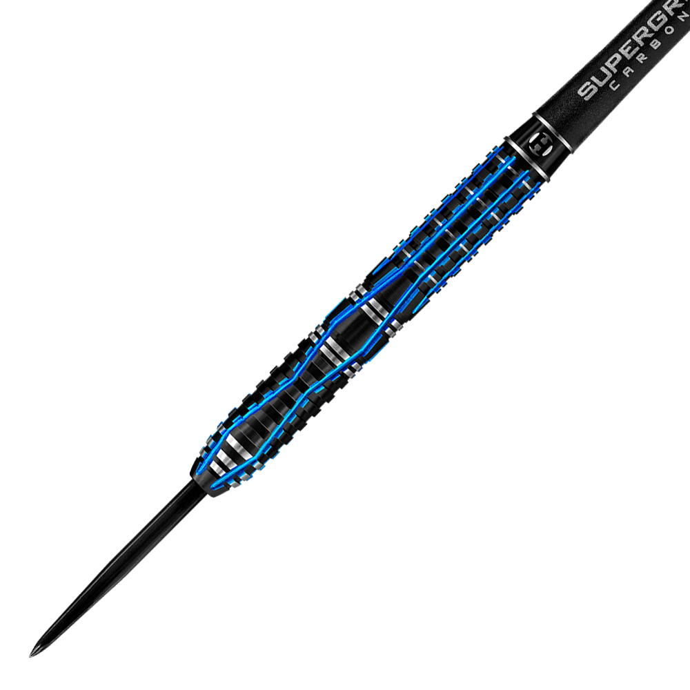 HA28917_Harrows_Ice_Recut_Steeldarts_2 Das Bild zeigt einen Harrows Ice Recut Steeldart mit schwarzem und blauem Design. Der Dartpfeil wirkt modern und hochwertig verarbeitet.