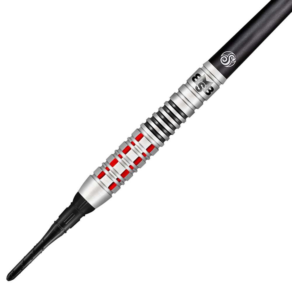 Shot Michael Smith Credi alle freccette morbide Das Bild zeigt einen Shot Michael Smith Believe Softdart. Der Dart hat ein silbernes Design mit roten und schwarzen Akzenten.