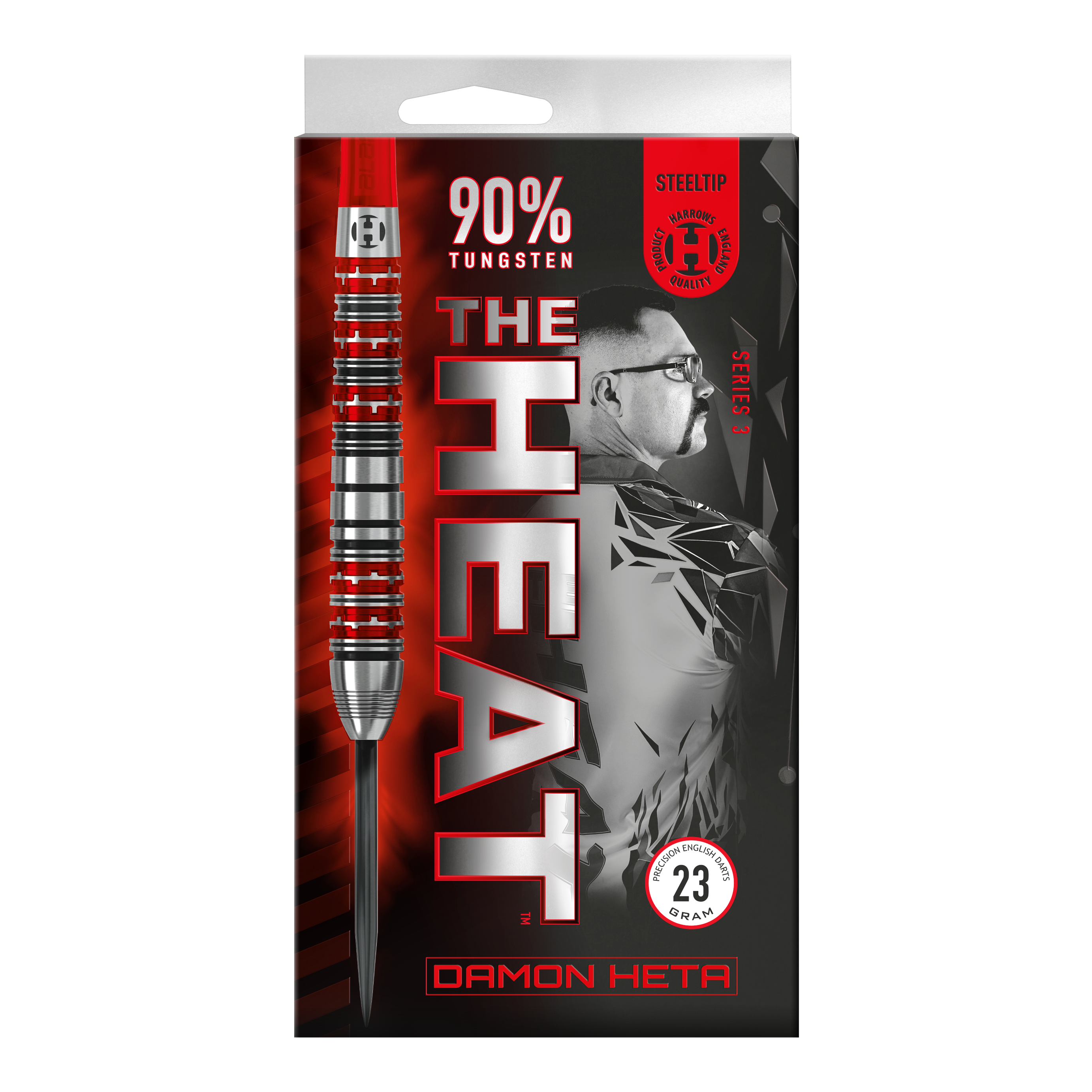 Freccette in acciaio Damon Heta Series 3 di Harrow Die Verpackung zeigt die "Harrows Damon Heta Series 3 Steeldarts" mit einem markanten Design in Rot und Schwarz. Auf der Vorderseite sind Informationen wie 90% Tungsten und ein Bild von Damon Heta abgebildet.