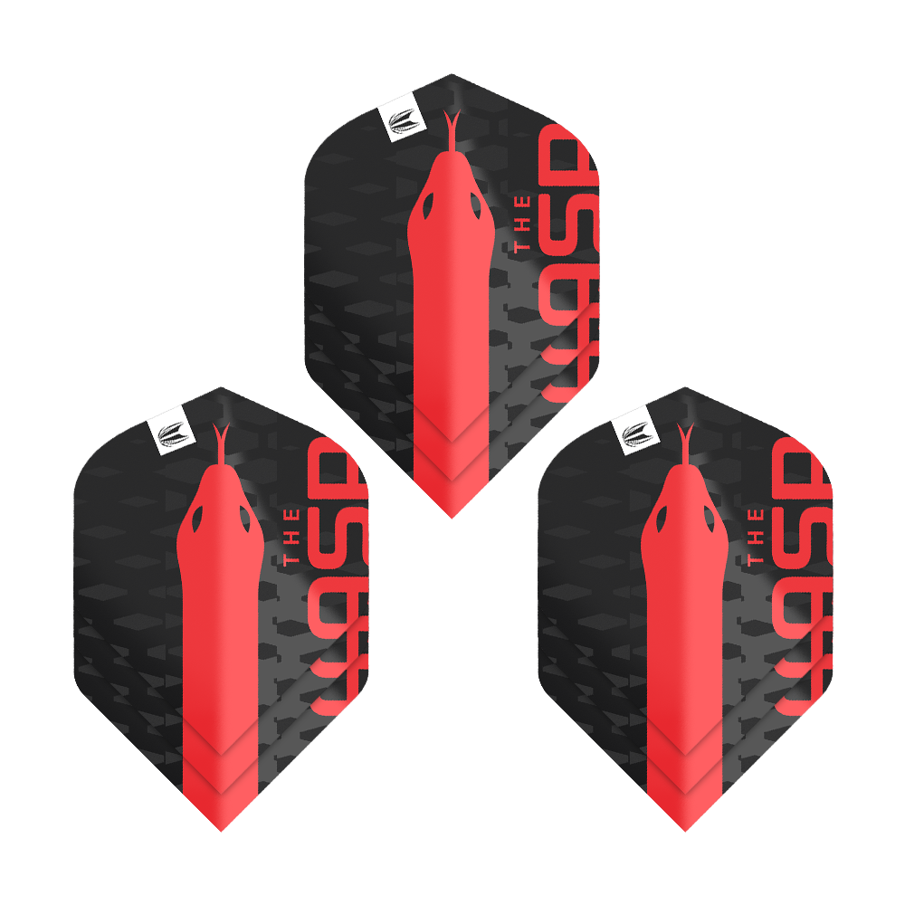 Target Pro Ultra Nathan Aspinall No2 Alette standard - 3 set Das Bild zeigt drei schwarze Dart-Flights mit einem roten Schlangenkopf und der Aufschrift "THE ASP". Es handelt sich um das Produkt "Target Pro Ultra Nathan Aspinall No2 Standard Flights - 3 Sets".