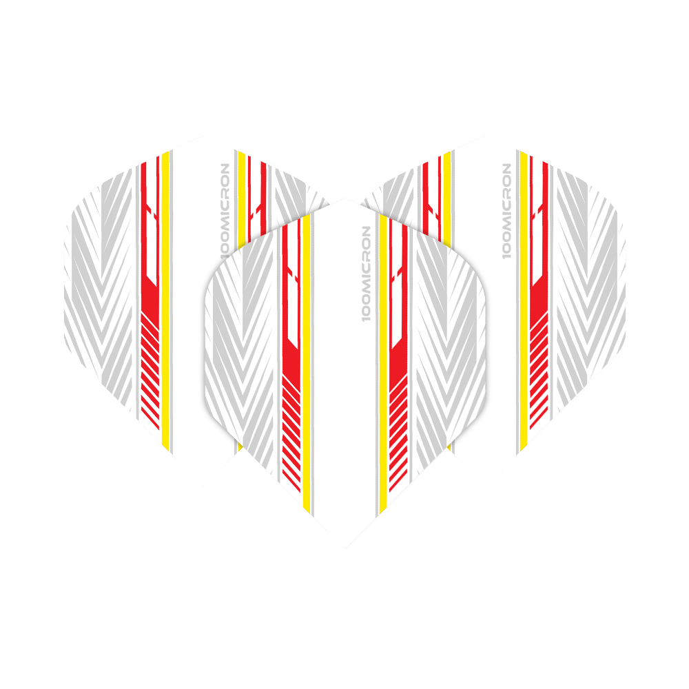 Voli Pentathlon bianchi/rossi/gialli Das Bild zeigt die Pentathlon White Red Yellow No2 Standard Flights in einem modernen Design. Die Flights sind weiß mit roten, gelben und grauen Streifen verziert.