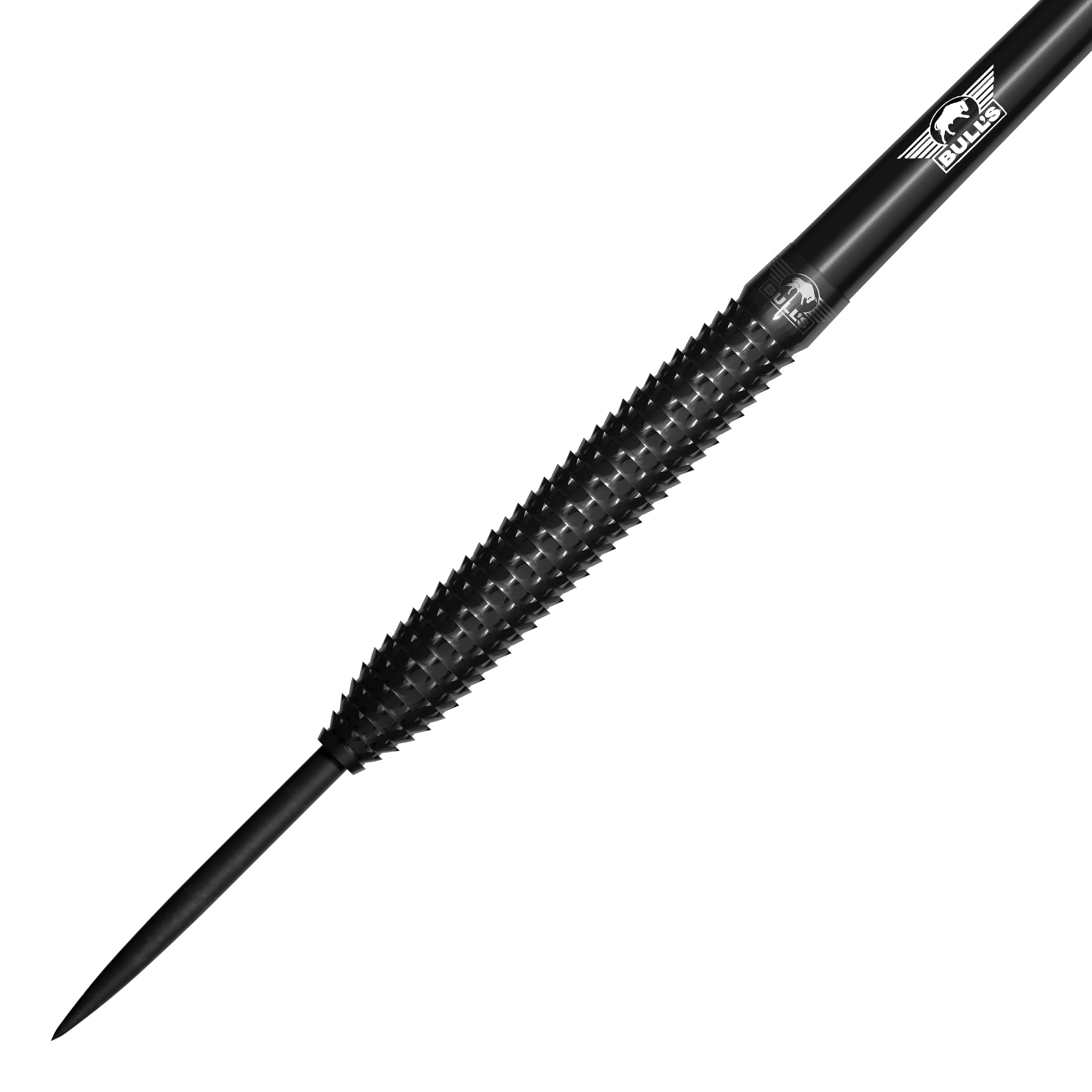 Bulls NL Shark Pro freccette in acciaio nero Das Bild zeigt einen schwarzen Steeldart mit einer strukturierten Griffzone. Auf dem Dart ist das Bulls NL Logo zu sehen.