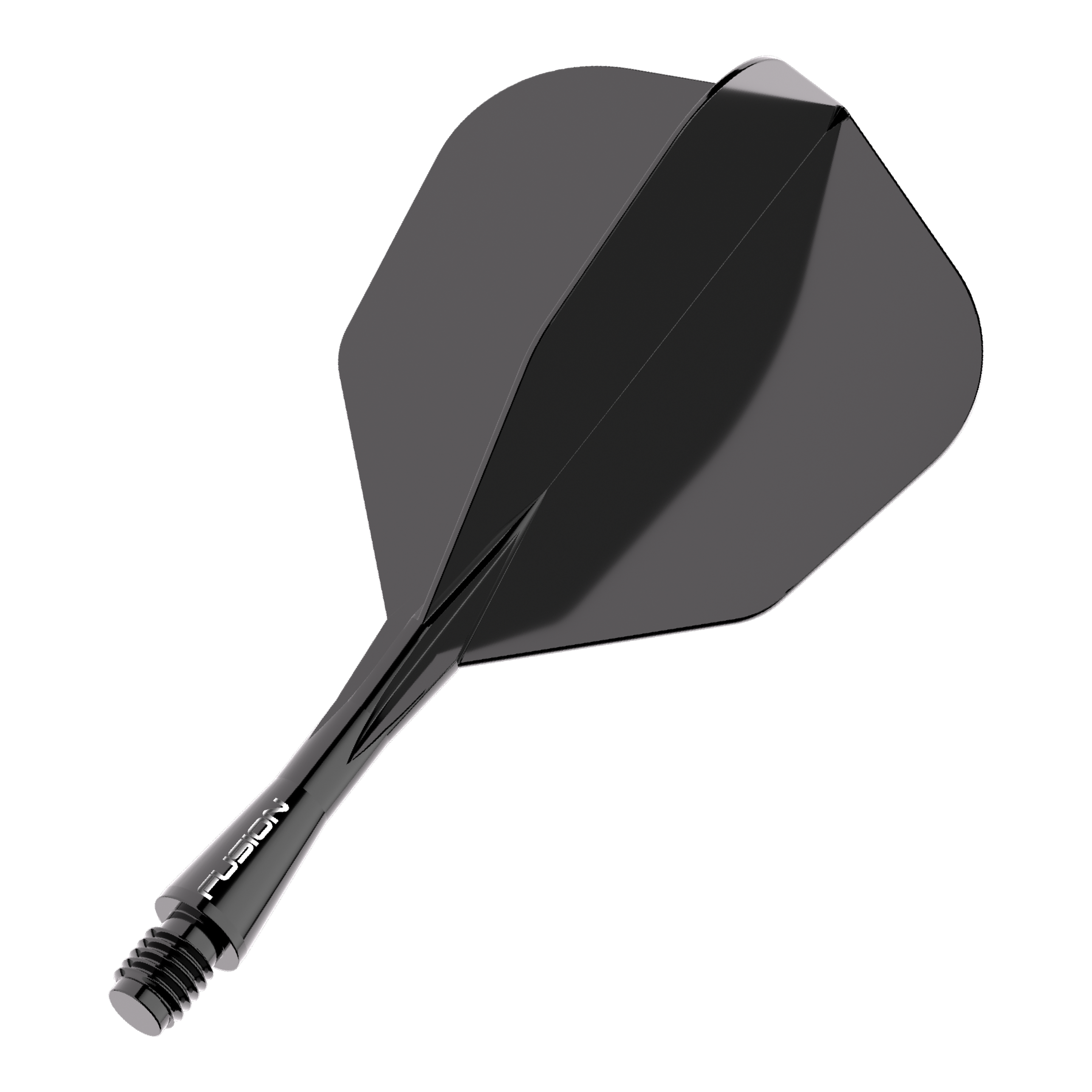 Sistema di alberi di volo Winmau Fusion n. 6 nero Das Bild zeigt ein schwarzes Dart Flight-Schaft-System. Es trägt den Schriftzug "FUSION" auf dem Schaft und hat eine glänzende Oberfläche.
