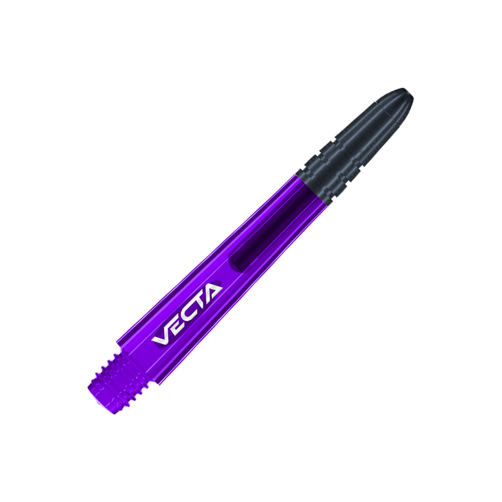 Winmau Vecta Shafts - Viola Nero Das Bild zeigt einen lila und schwarzen Dart-Schaft mit der Aufschrift "VECTA". Der Schaft hat ein glattes, modernes Design und misst 37 mm.