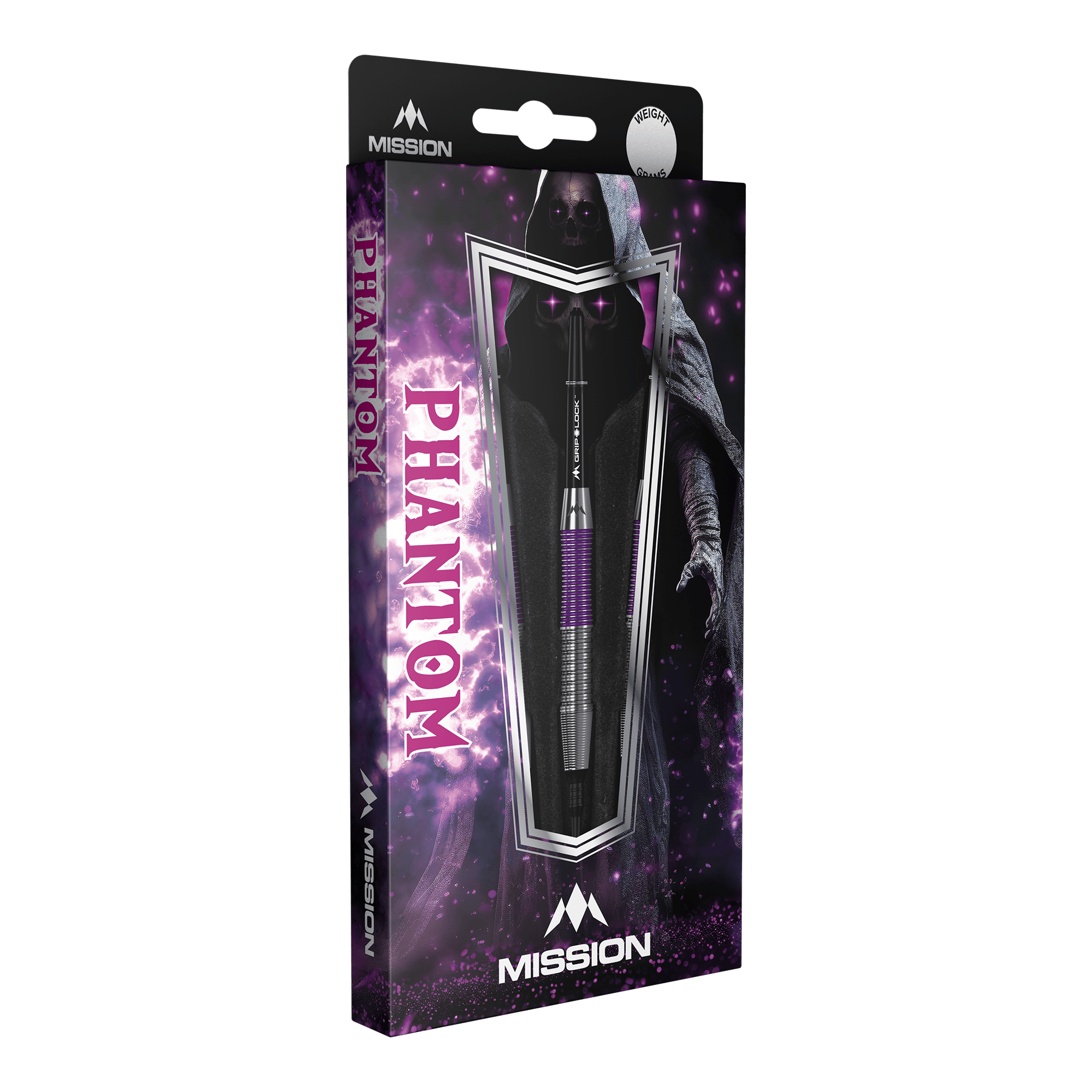 Freccette morbide Mission Phantom Brass - 18 g Die Abbildung zeigt die Mission Phantom Brass Softdarts mit einem Gewicht von 18g. Die Verpackung ist lila-schwarz gestaltet und zeigt einen mystischen Phantom-Charakter.