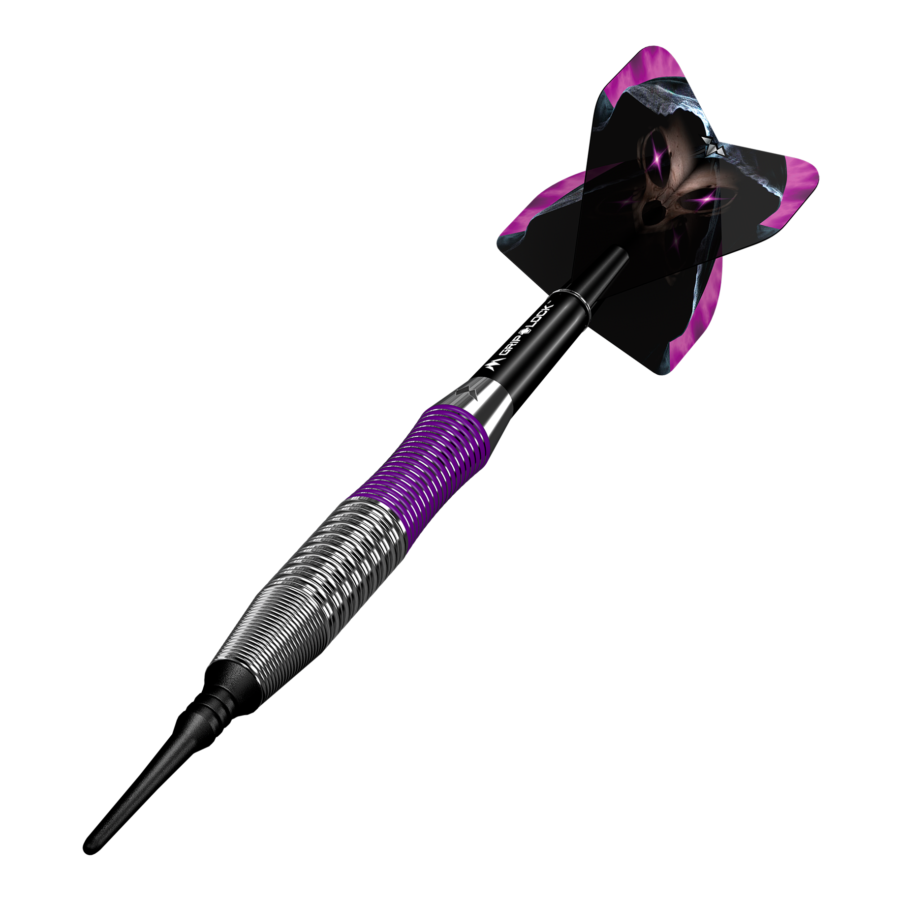 Freccette morbide Mission Phantom Brass - 18 g Dies ist ein Mission Phantom Brass Softdart mit einem Gewicht von 18g. Der Dart hat ein auffälliges Design mit lila und schwarzen Akzenten.