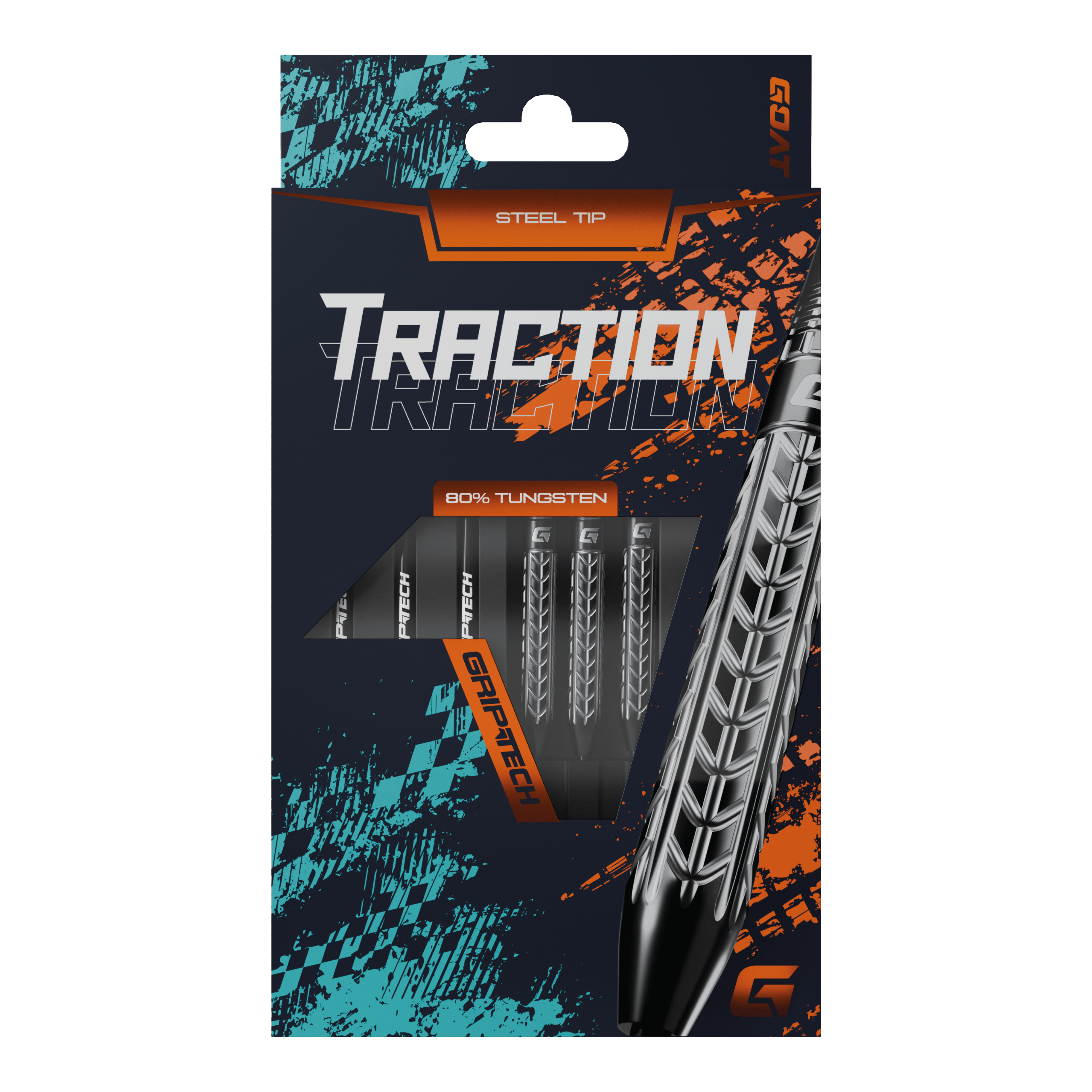 Freccette in acciaio al tungsteno GOAT Traction Die Abbildung zeigt die Verpackung der "GOAT Traction Tungsten Steeldarts" mit Stahlspitzen. Auf der Vorderseite ist das auffällige Design und der Hinweis auf 80% Tungsten sowie GRIPTECH deutlich sichtbar.