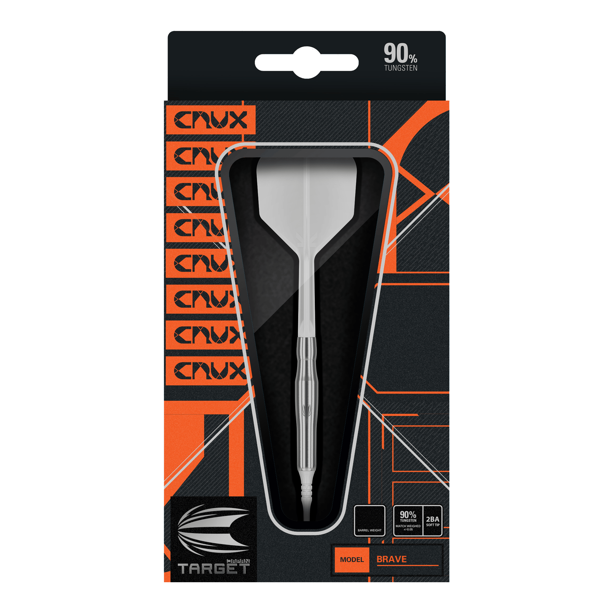 Freccette morbide Target Japan Crux Brave - 18,5 g Das Bild zeigt die Verpackung des Produkts "Target Japan Crux Brave Softdarts - 18,5g". Der Dartpfeil ist gut sichtbar in einer schwarzen und orangefarbenen Box präsentiert.