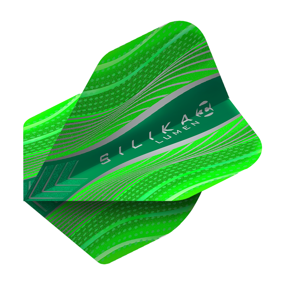 HR63_Harrows_Silika_Lumen_Green_No2_Standard_Flights_2 Harrows Silika Lumen No2 Standard Flights mit grafischem Muster. Die Flights sind gleichmäßig ausgerichtet.